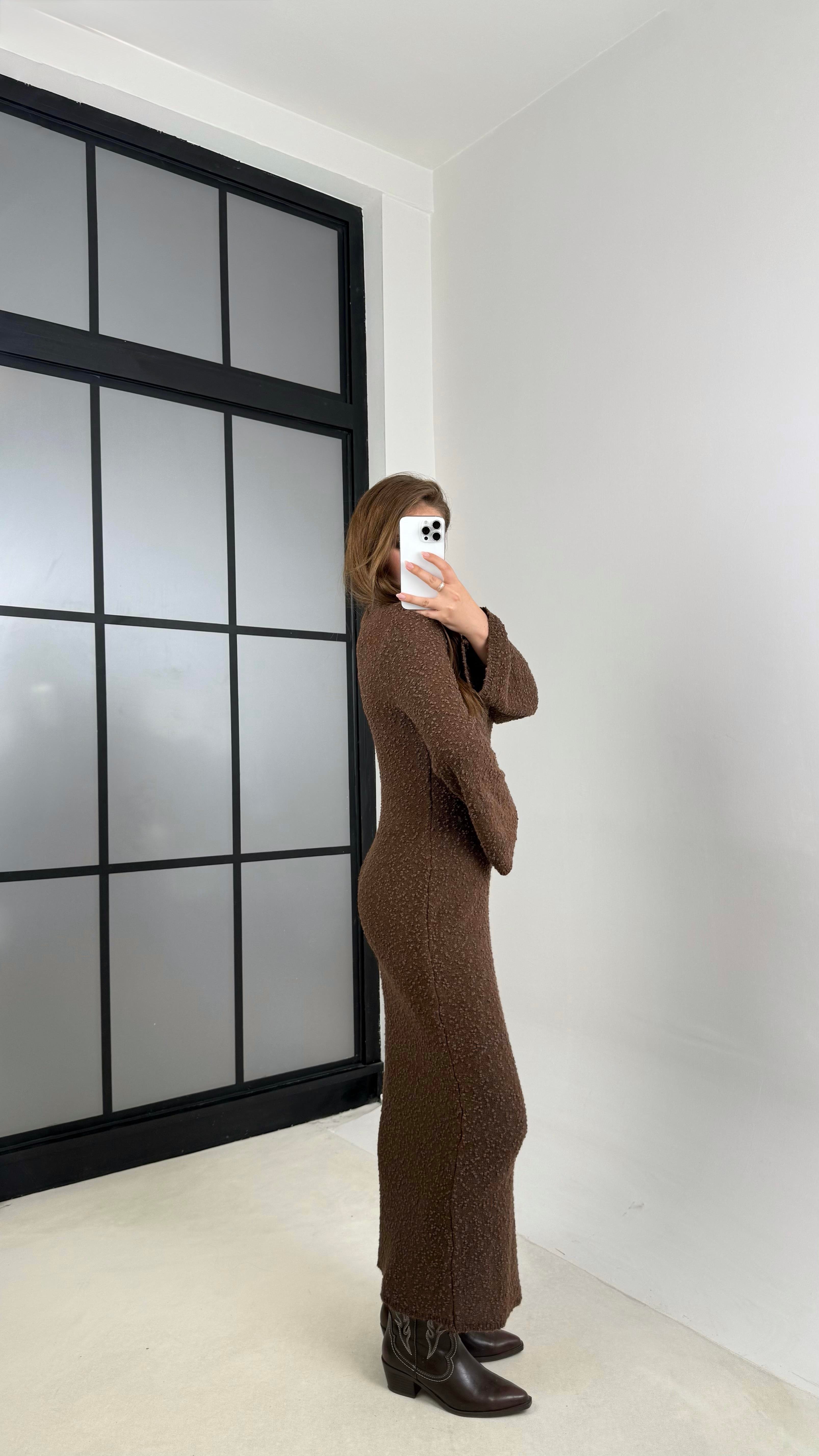 Kahve Bisiklet Yaka Tasarım Uzun Triko Elbise GAUS-00125GAUSELBİSEGAUS-00125