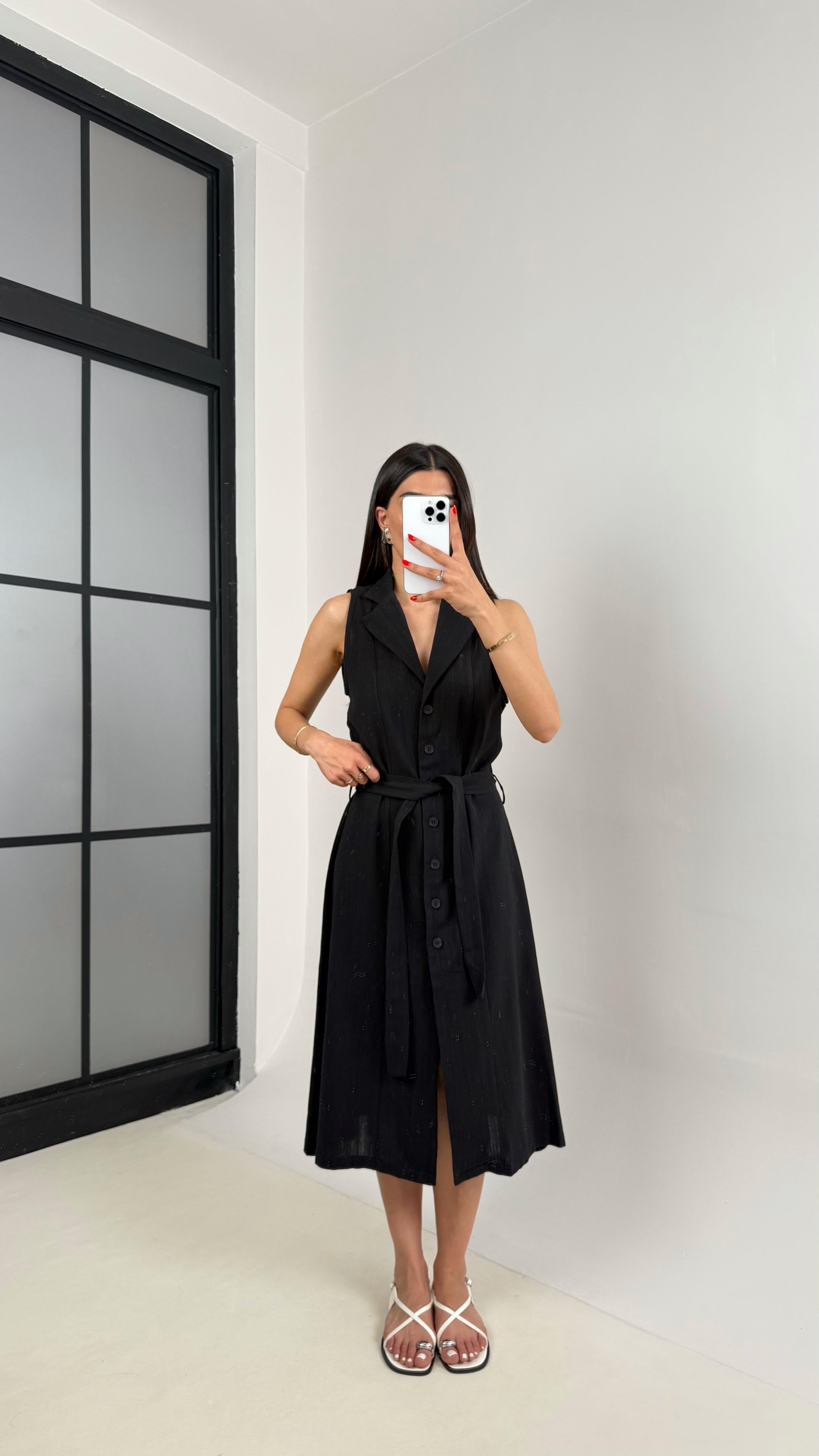 Siyah V Yaka Önü Düğmeli Kuşaklı Keten Elbise Gaus00461 GausELBİSEGU1002075