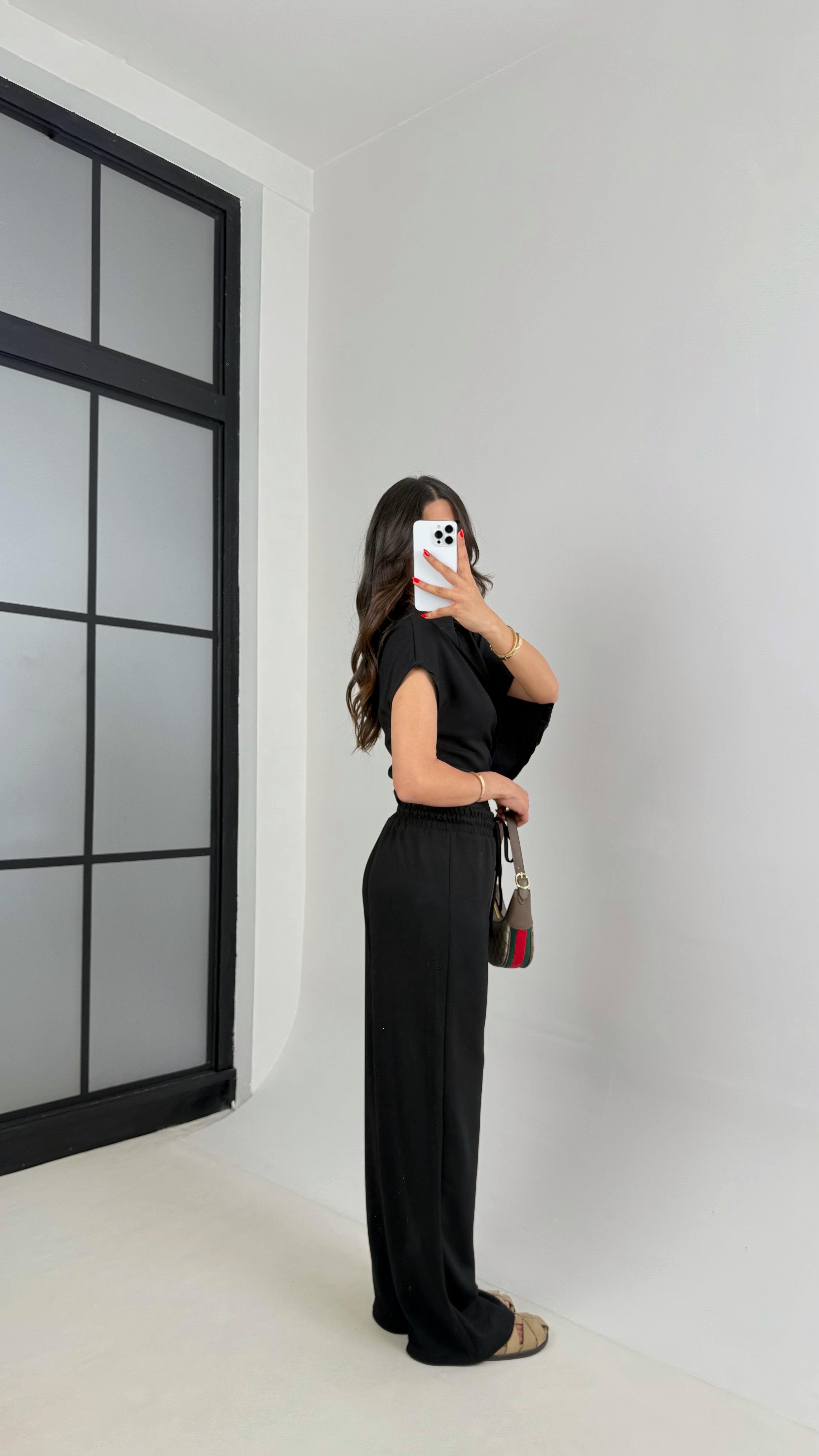 Siyah Yarasa Kol Bluz Beli Lastikli Pantolon Tasarım Modal Kumaş Takım Gaus00490GausTAKIMGU1002151