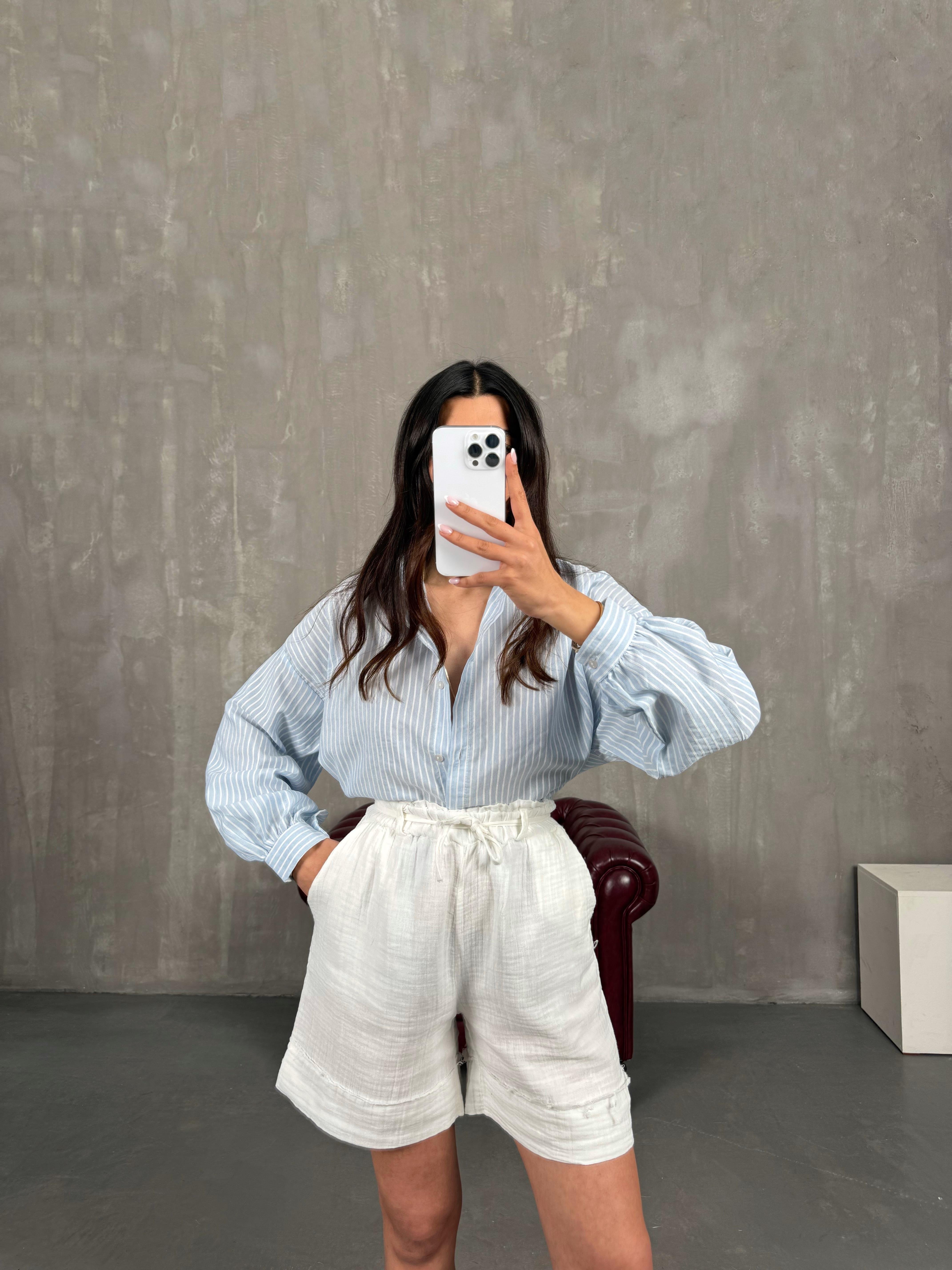 Beyaz Beli Lastikli Kuşaklı Cepli Müslin Kumaş Şort Gaus00267GausŞORTGU1001615