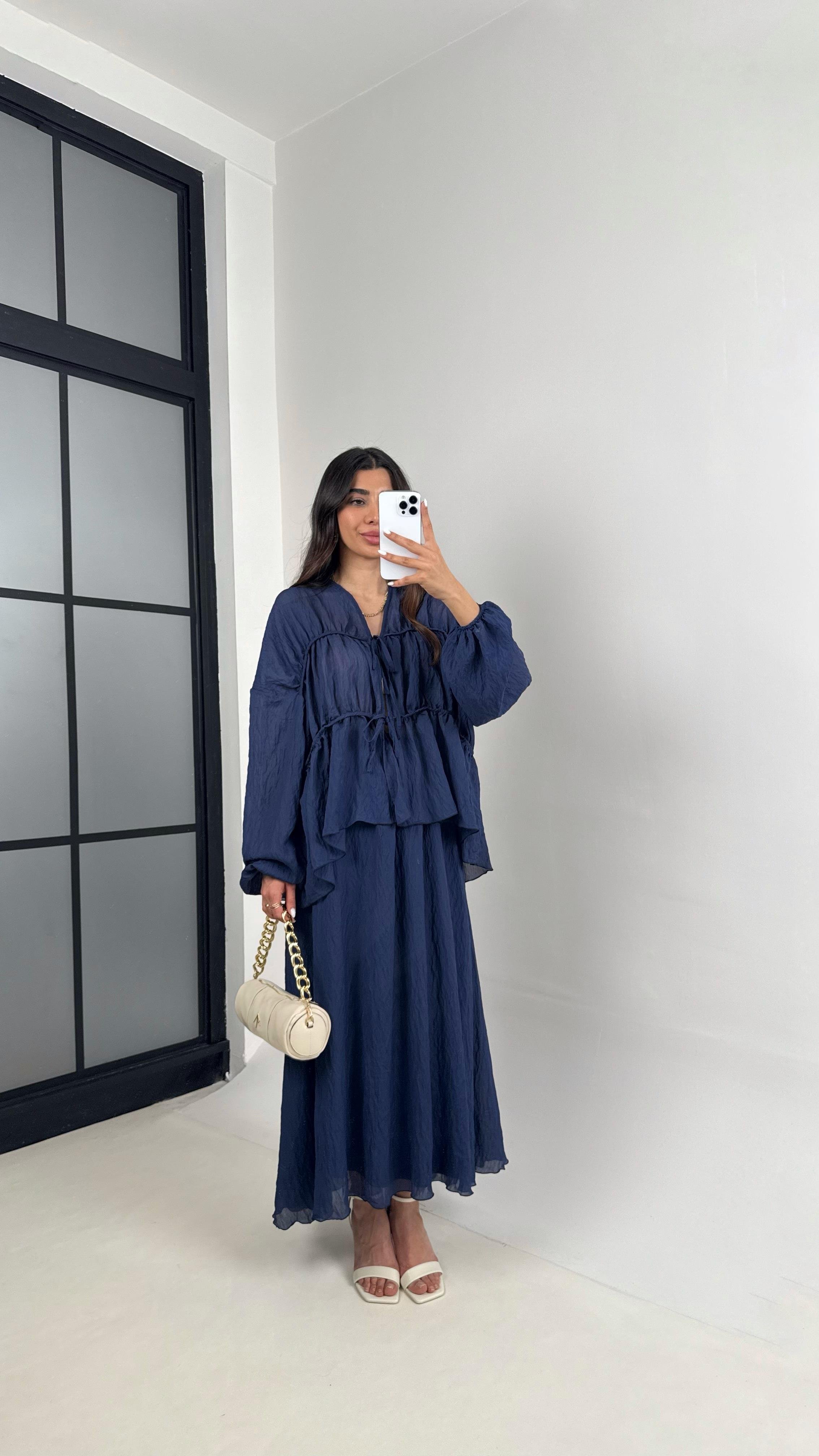 Lacivert Gipeli Önden Bağlamalı Üst Astarlı Etek İkili Kırışık Kumaş Takım Gaus00426GausTAKIMGU1001996