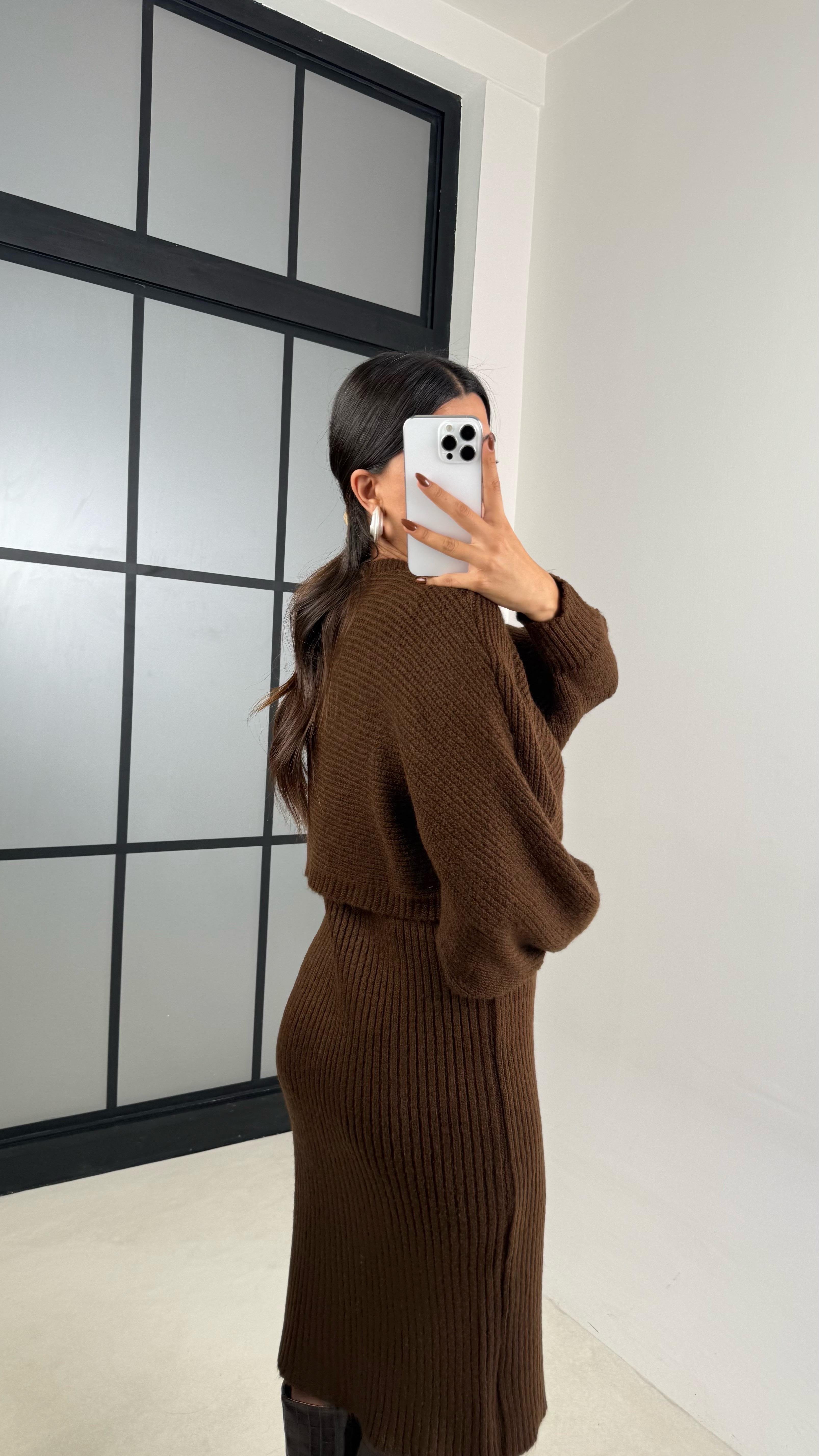 Acı Kahve Hırka Askılı Elbise İkili Triko Takım GAUS-00185GAUSTAKIMGAUS-00185