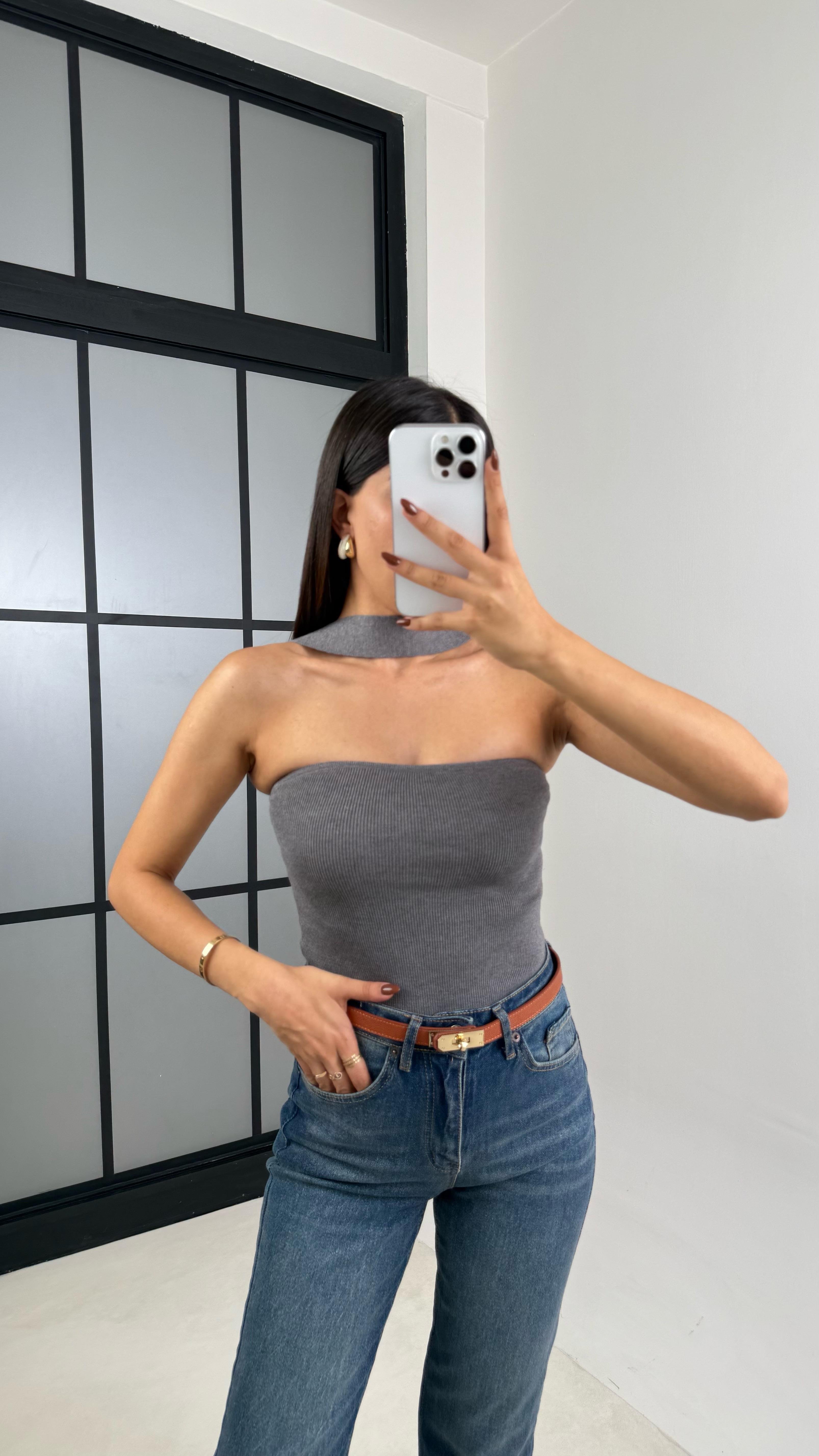 Gri Boyundan Bağlamalı Tasarım Triko Bluz GAUS-00175GAUS التريكو GAUS-00175