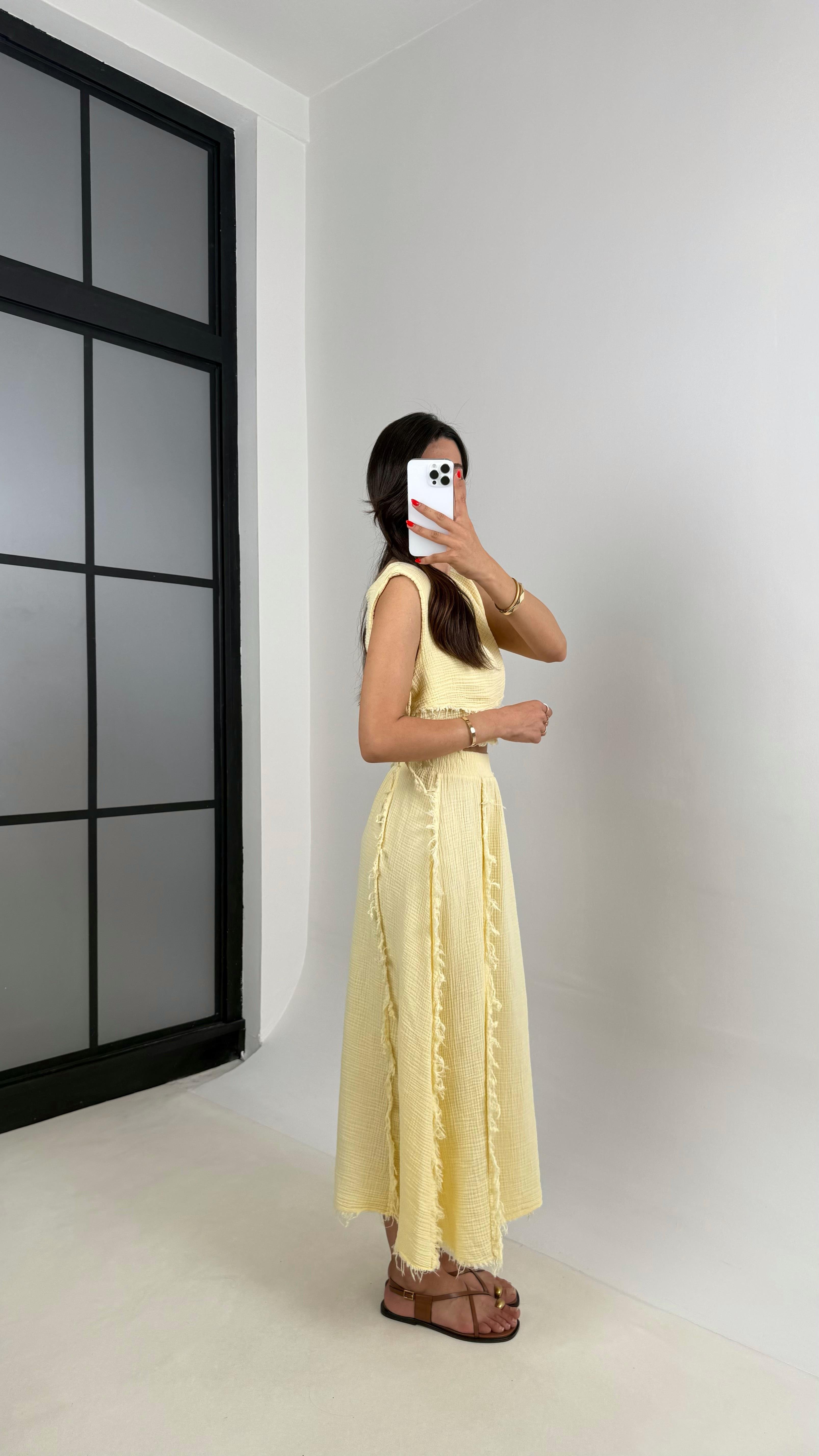 Sarı Püskül Detaylı Katlı Bluz Beli Lastikli Etek Müslin Takım Gaus00516GausTAKIMGU1002211