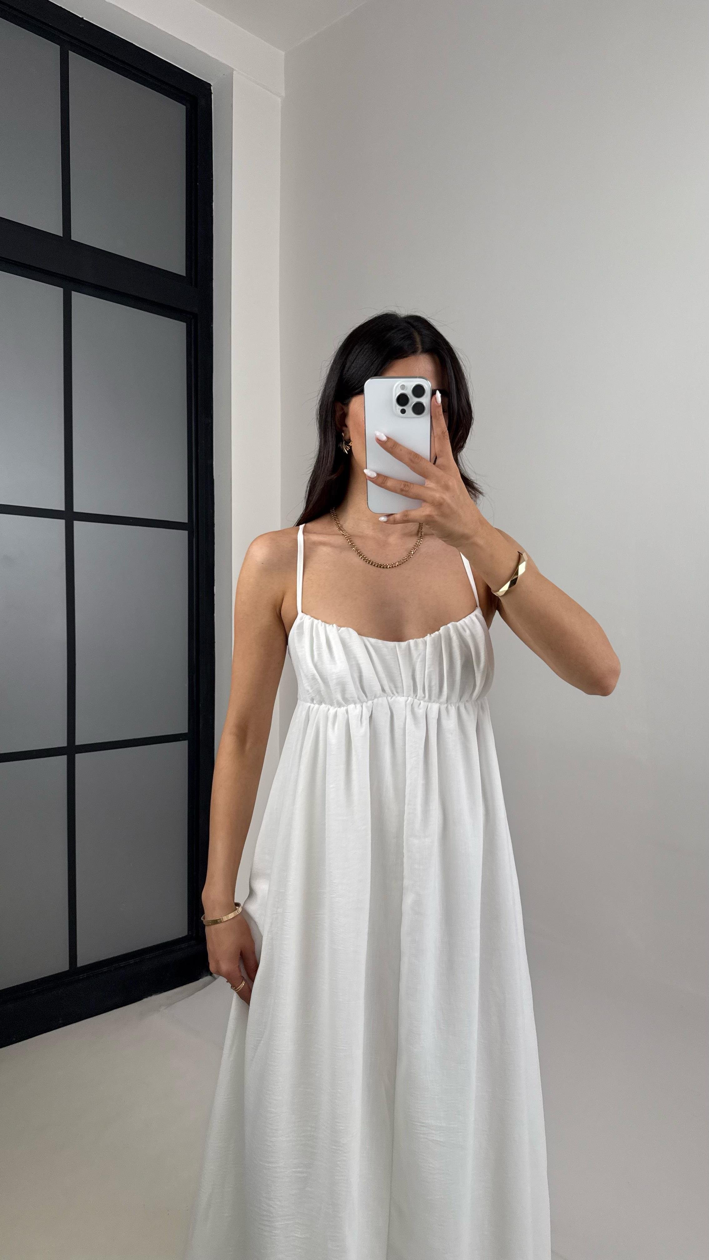 Beyaz Boyundan Bağlamalı Astarlı Keten Elbise Gaus00427GausELBİSEGU1001997