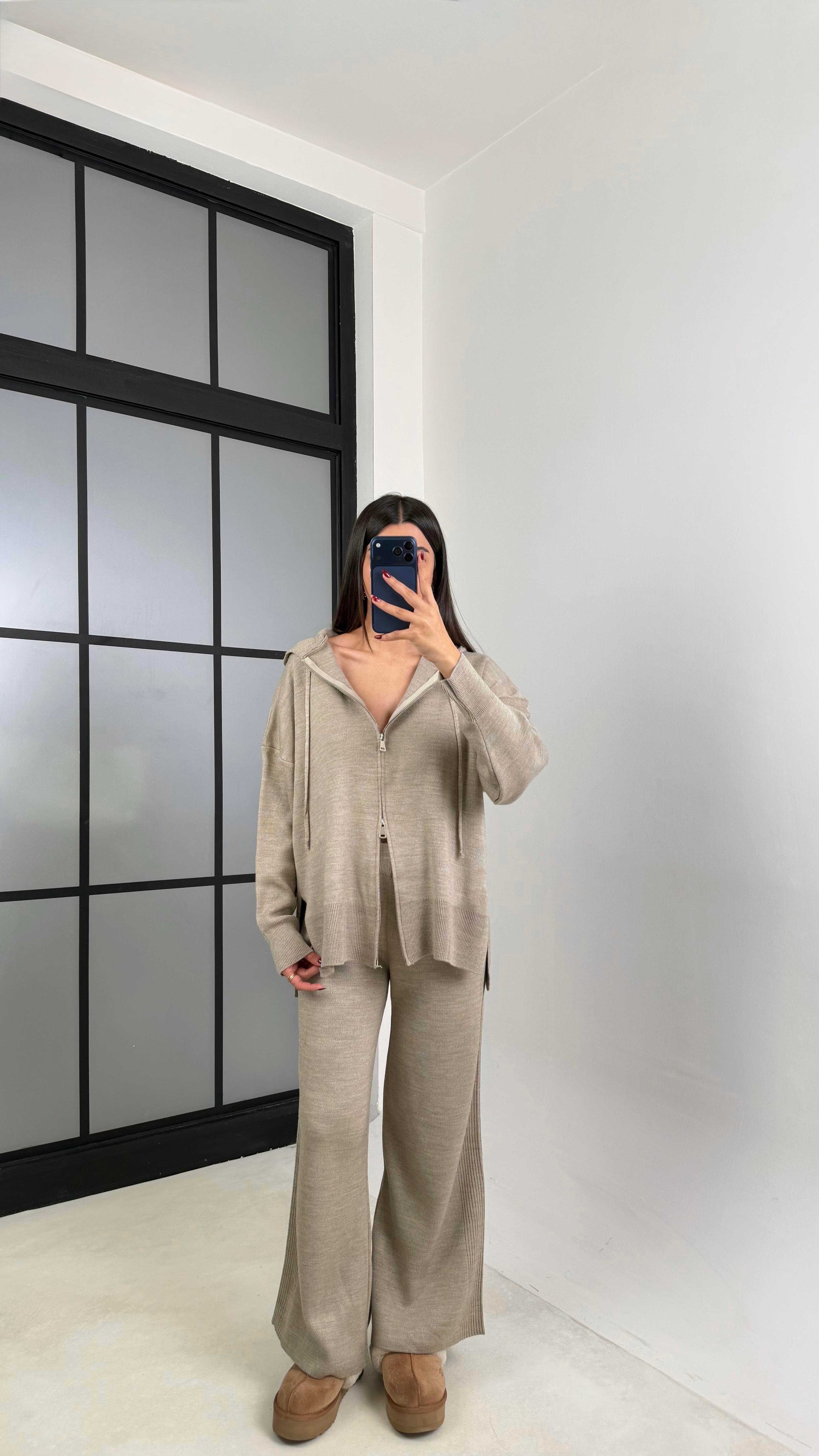 Vizon Çift Fermuarlı Kapüşonlu Hırka Beli Lastikli Pantolon İkili Triko Takım GAUS-00676GAUSTAKIMGAUS-00676