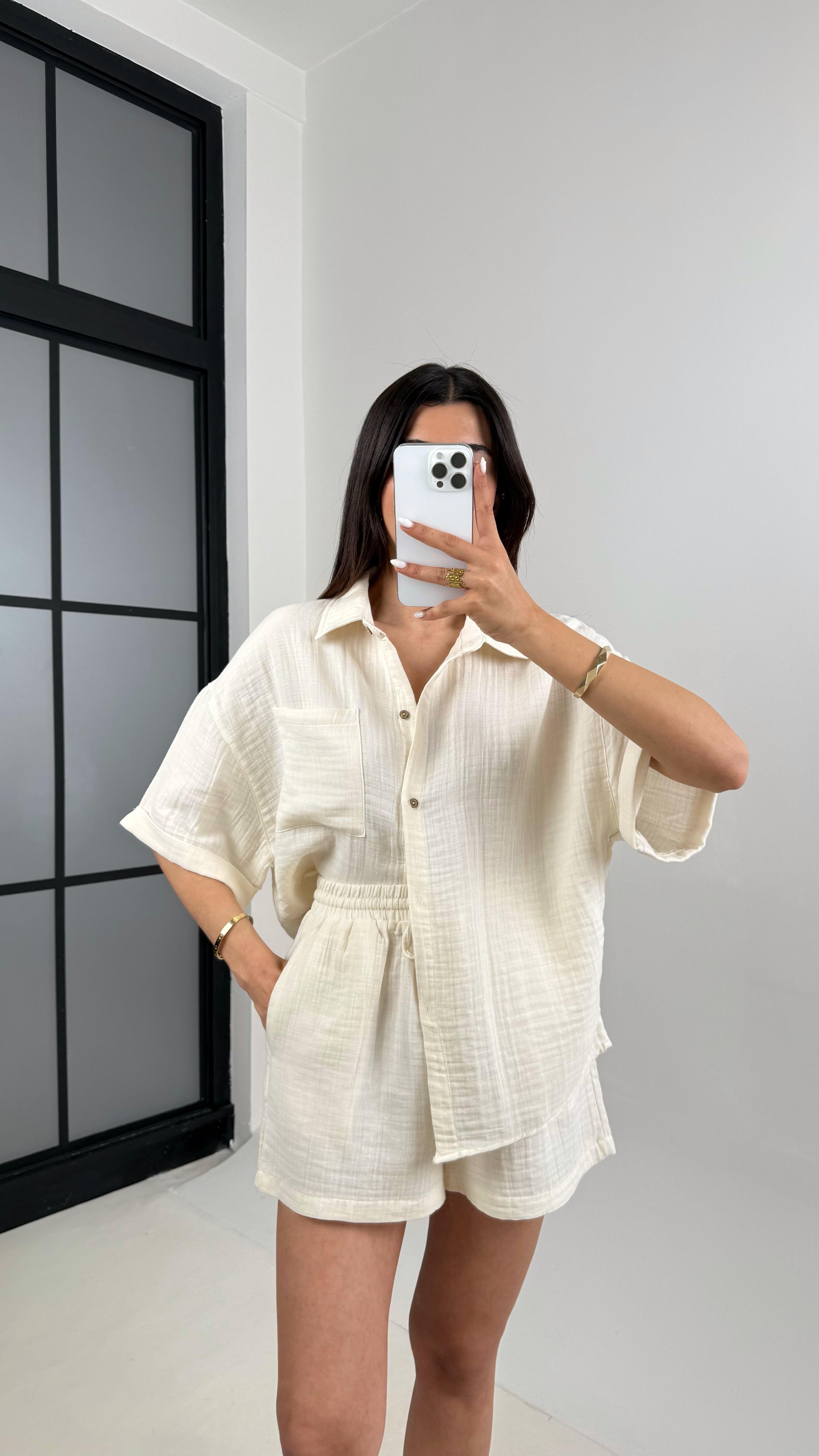 Taş Cepli Gömlek Beli Lastikli Şort Müslin Takım Gaus00445GausTAKIMGU1002039