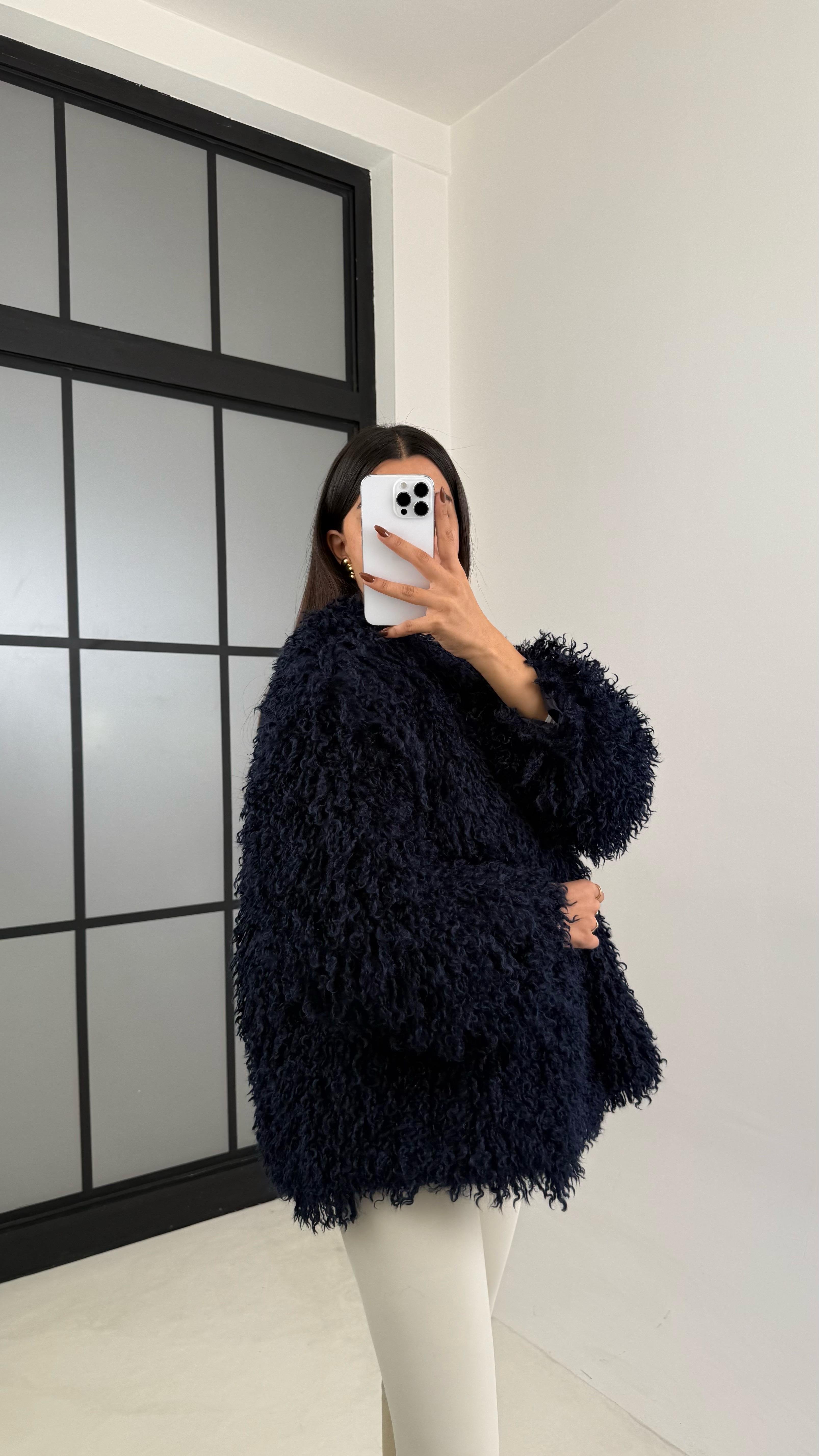 Lacivert Saçaklı Astarlı Premium Kürk GAUS-00332GAUS الجواكيت GAUS-00332