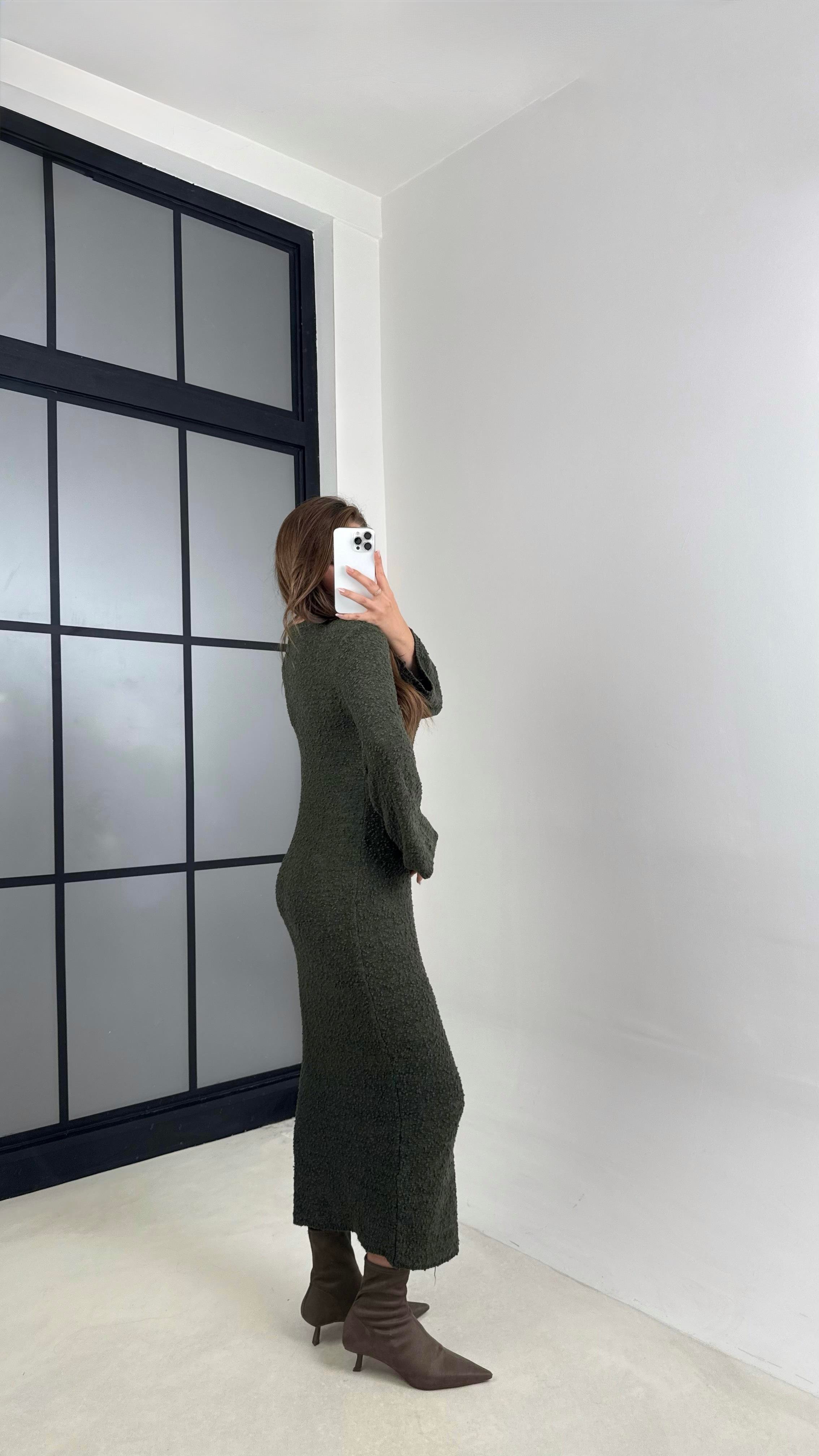 Haki Bisiklet Yaka Tasarım Uzun Triko Elbise GAUS-00125GAUSELBİSEGAUS-00125