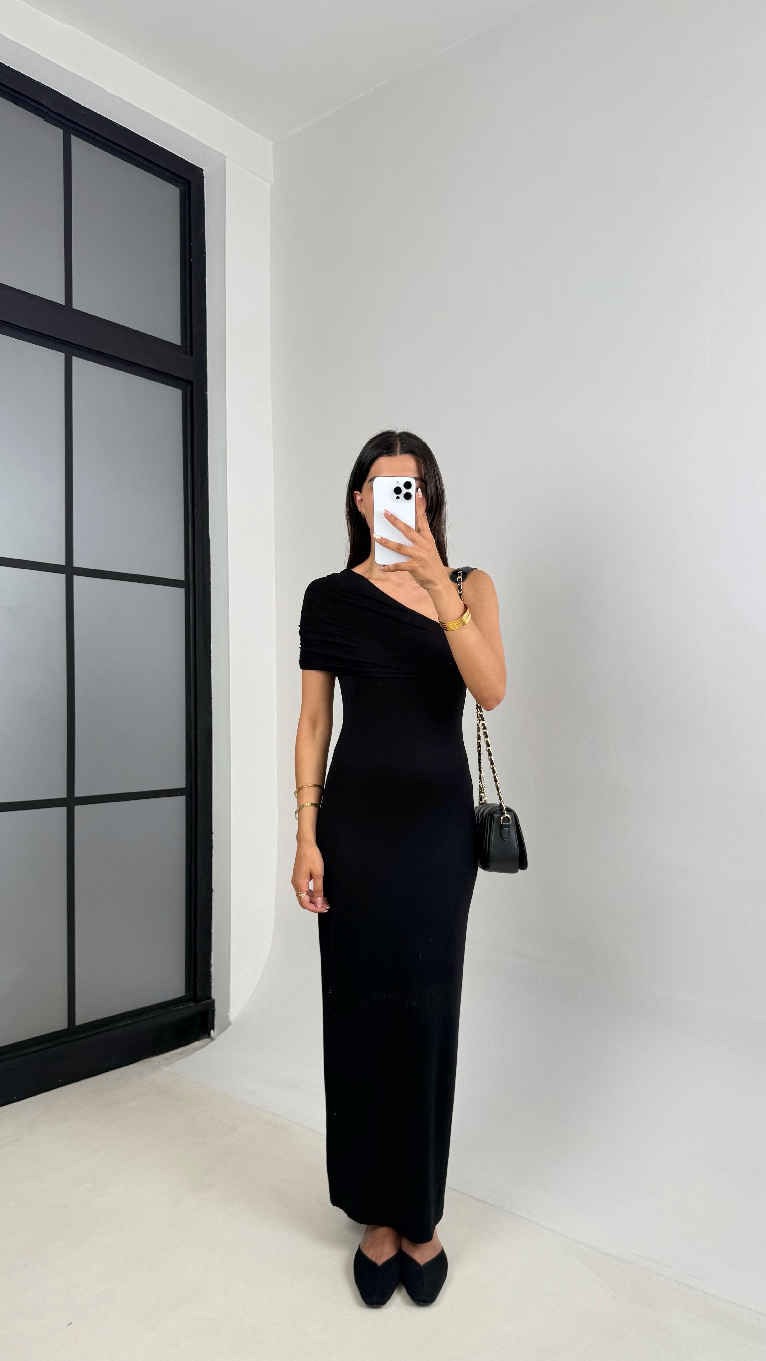 Siyah Tek Omuz Maxi Boy Elbise Gaus00685GausELBİSEGU1002581