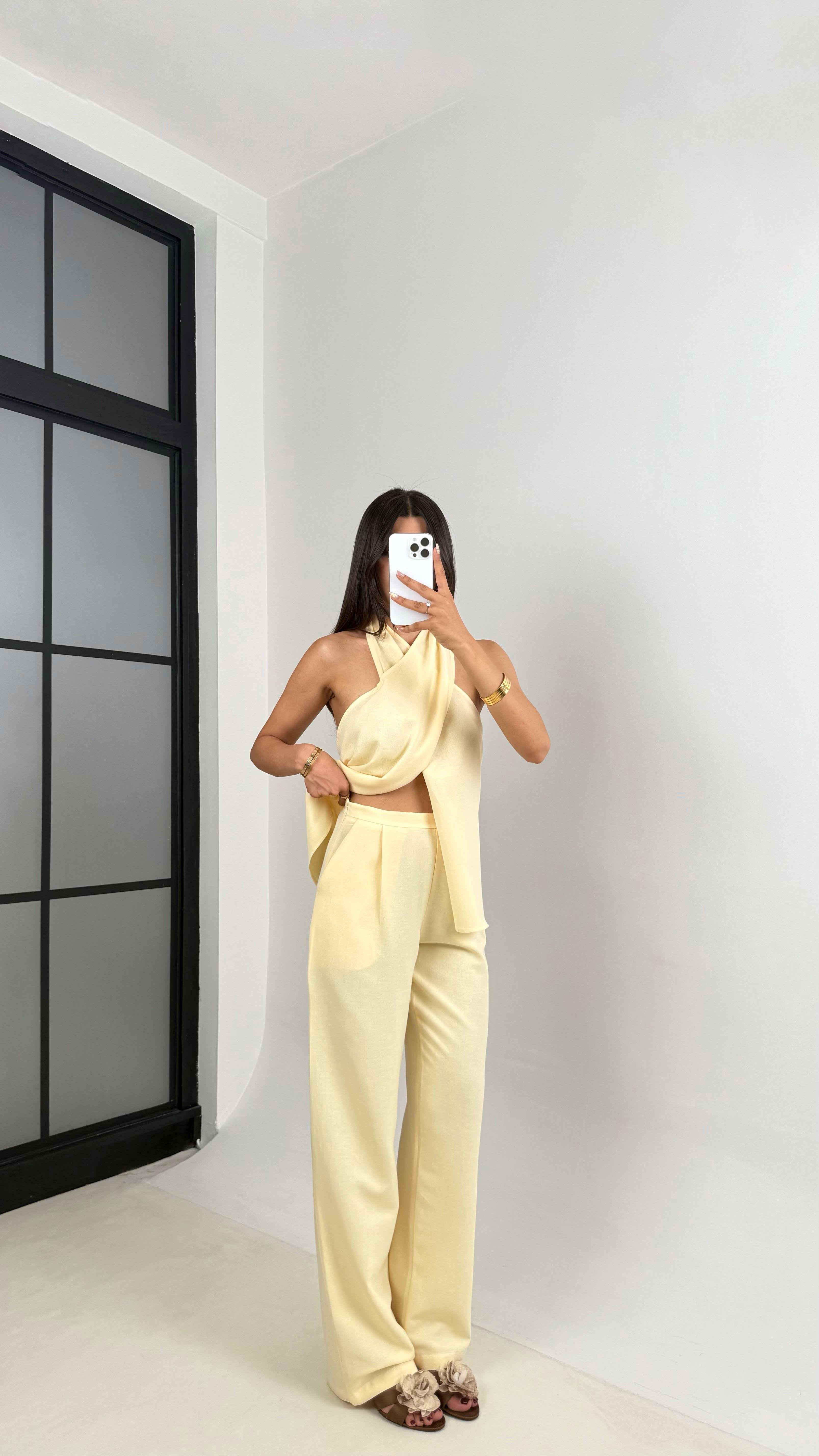 Sarı Boyundan Bağlamalı Bluz Cepli Pantolon Tasarım Keten Takım Gaus00667GausTAKIMGU1002540