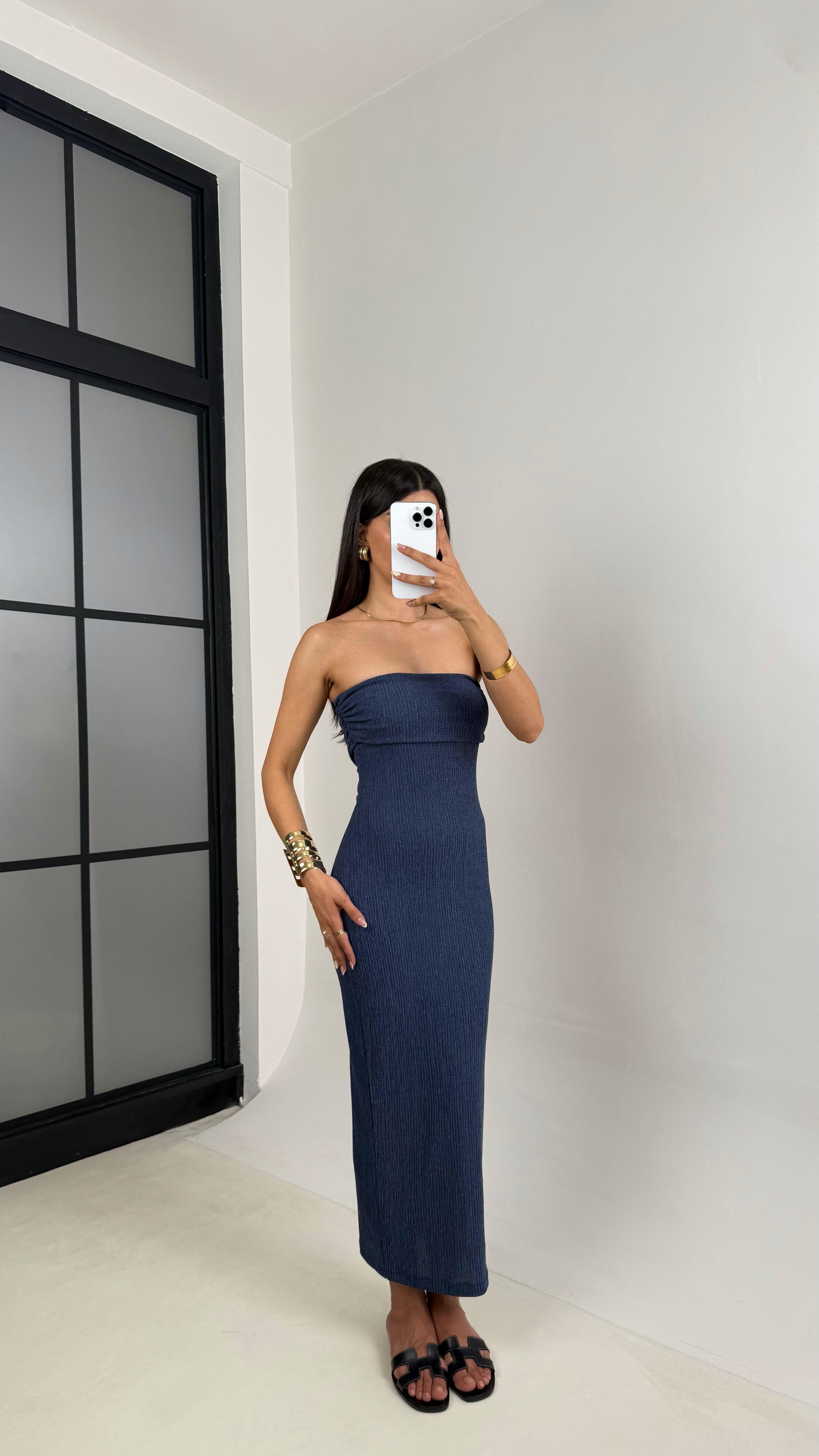 Mavi Straplez Yırtmaçlı Bürümcük Elbise Gaus00645GausELBİSEGU1002498