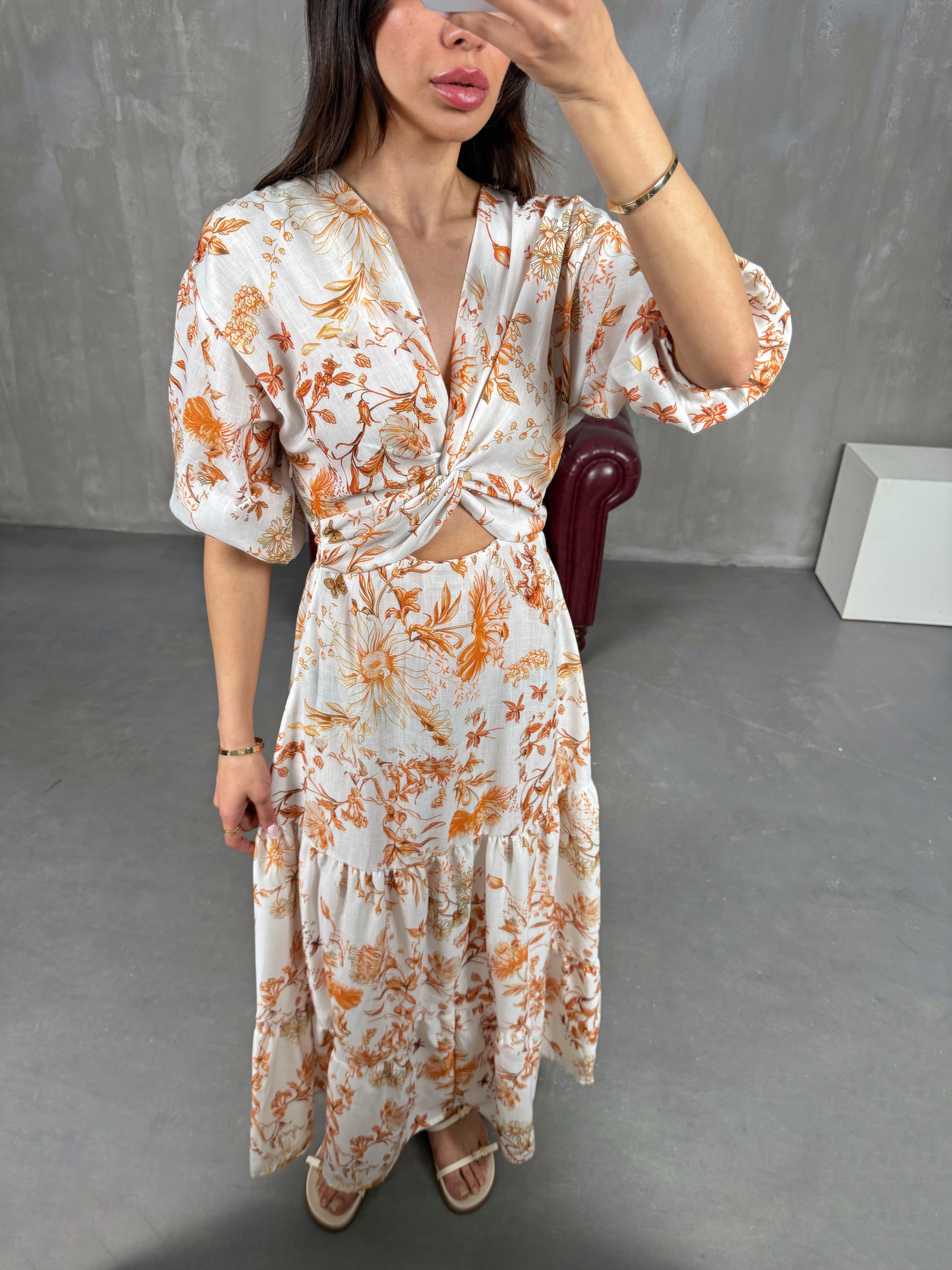 Taş V Yaka Turuncu Çiçek Desenli Beli Lastikli Keten Elbise Gaus00266GausELBİSEGU1001614