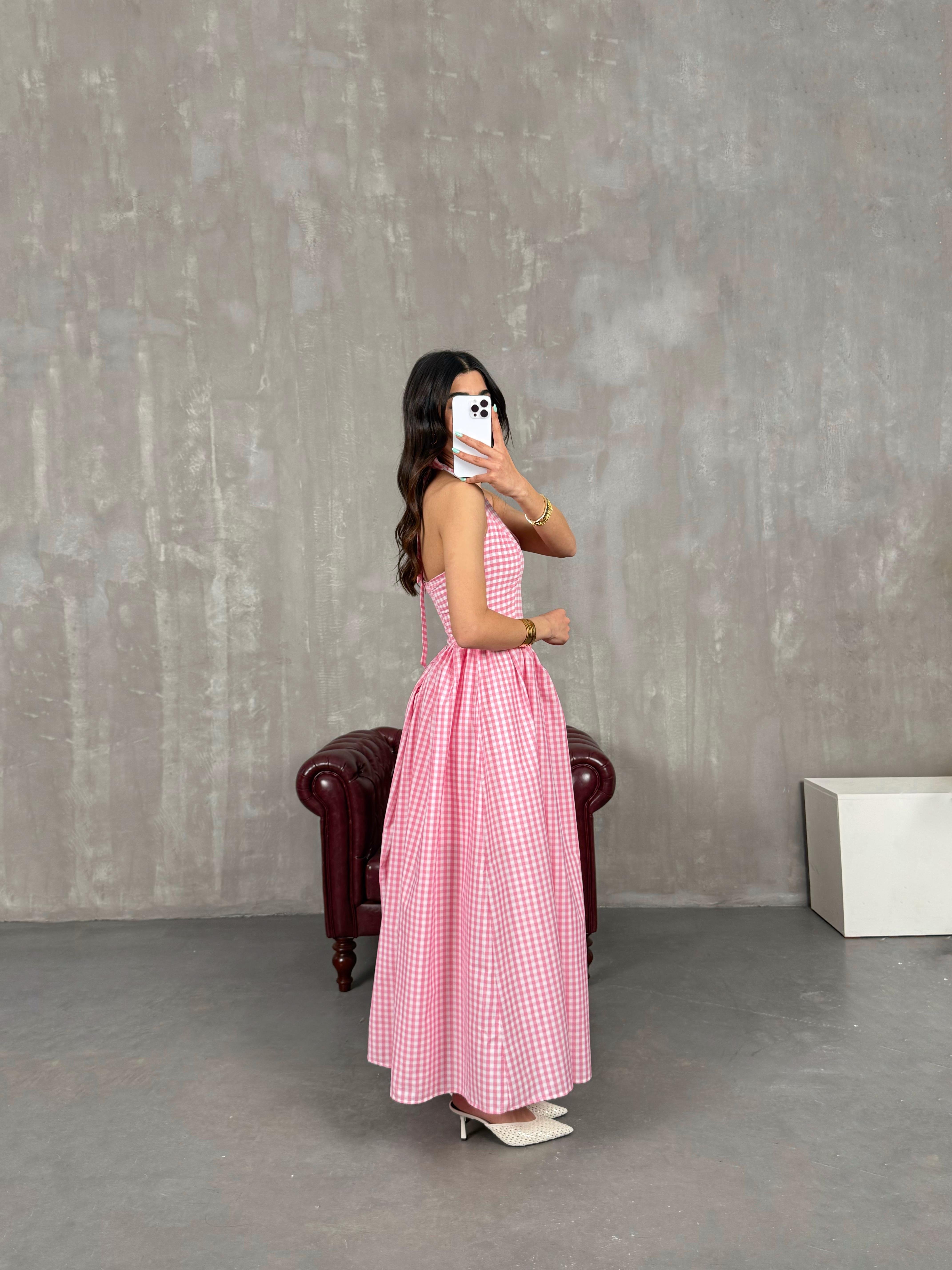 Pembe Boyundan Bağlamalı Yarım Astarlı Pötikare Elbise Gaus00235GausELBİSEGU1001542