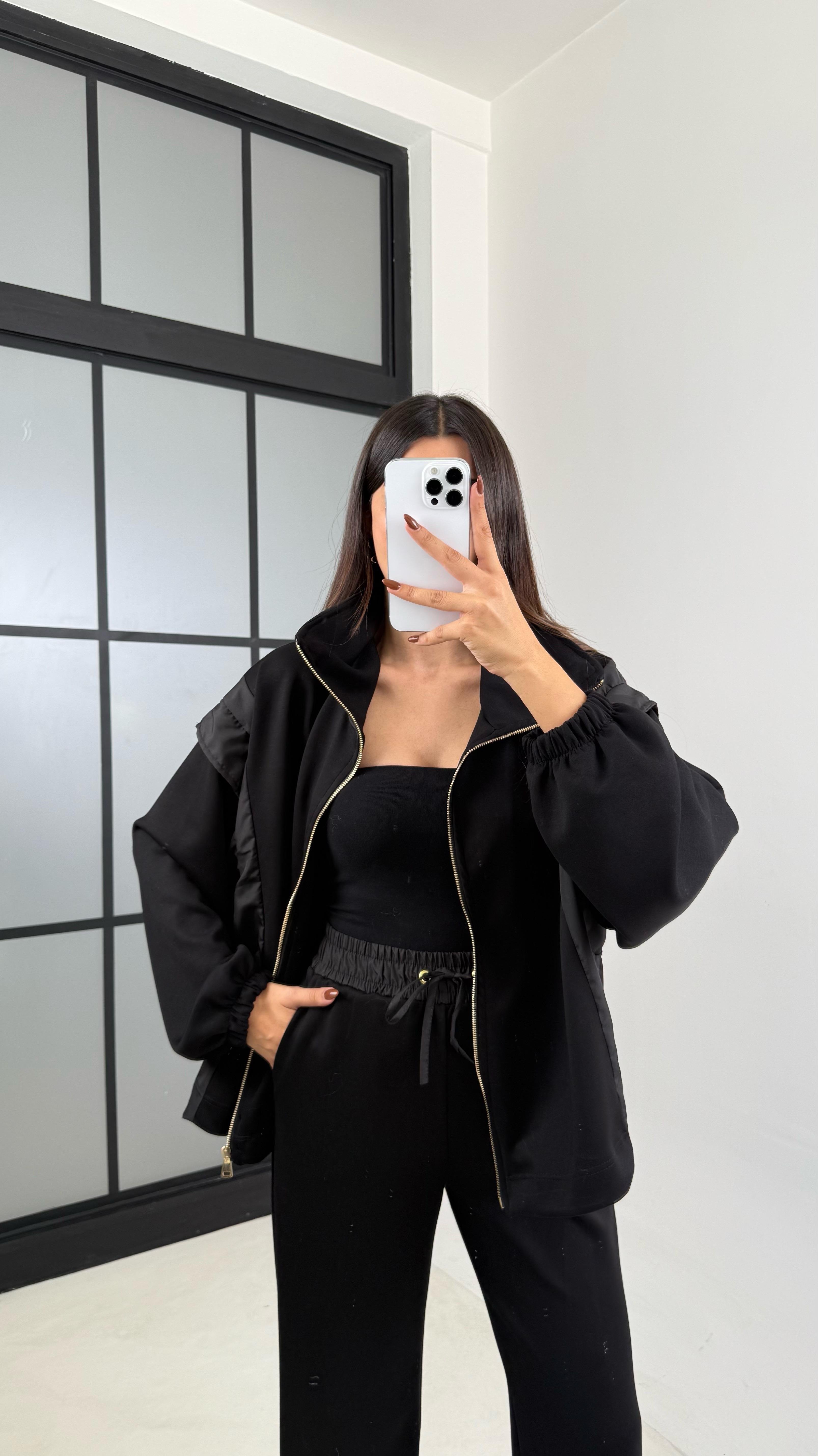 Siyah Paraşüt Kumaş Detaylı Hırka Pantolon İkili Modal Kumaş Takım GAUS-00209GAUSTAKIMGAUS-00209