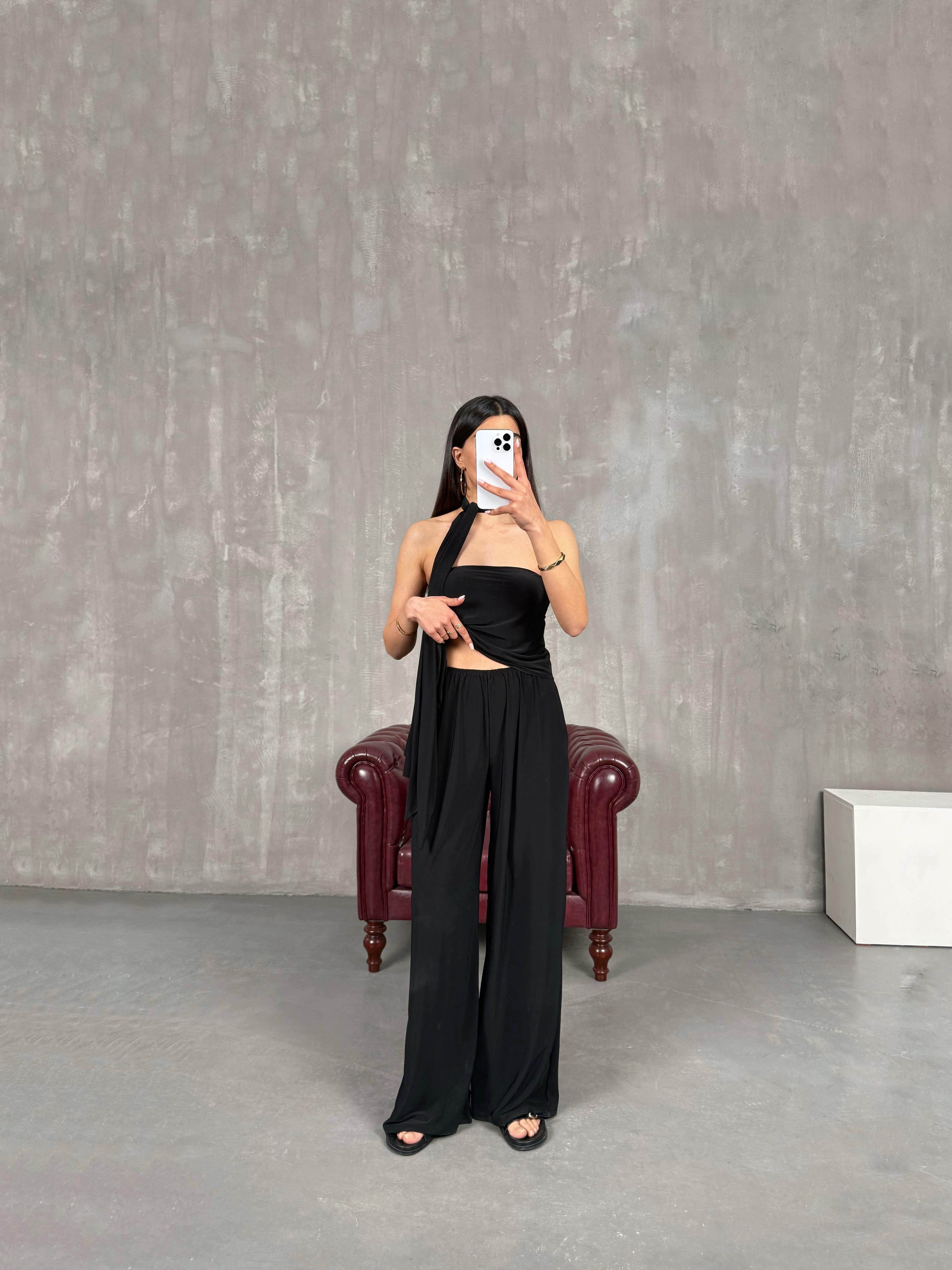 Siyah Asimetrik Kesim Fularlı İkili TakımGausTAKIMGU1001635