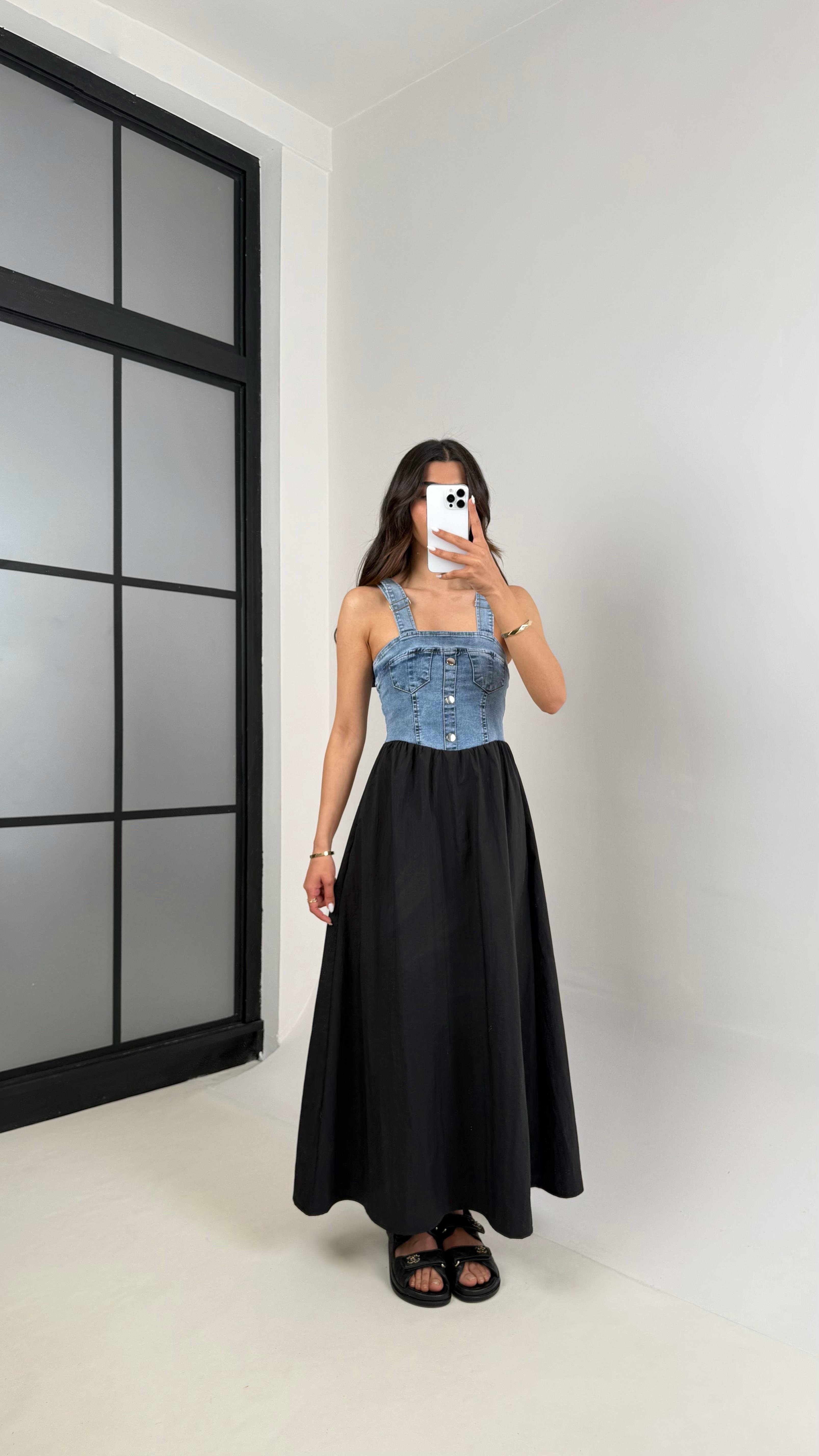 Siyah Ayarlanabilir Askılı Denim Üst Bloklu Elbise Gaus00424GausELBİSEGU1001989