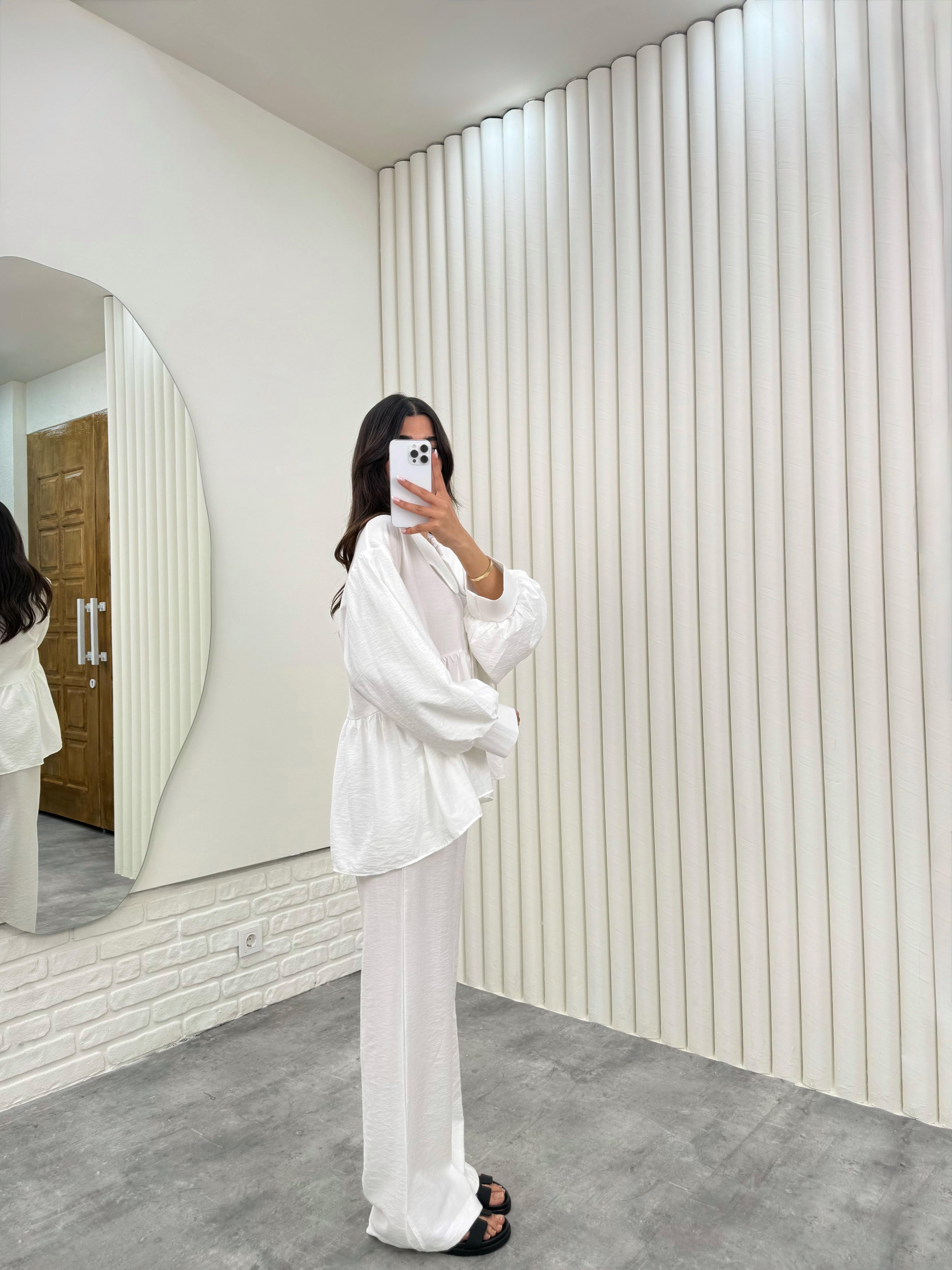 Beyaz Bağlamalı Bebe Yaka Üst Beli Lastikli Cepli Pantolon İthal Kumaş Takım Gaus00292GausTAKIMGU1001677