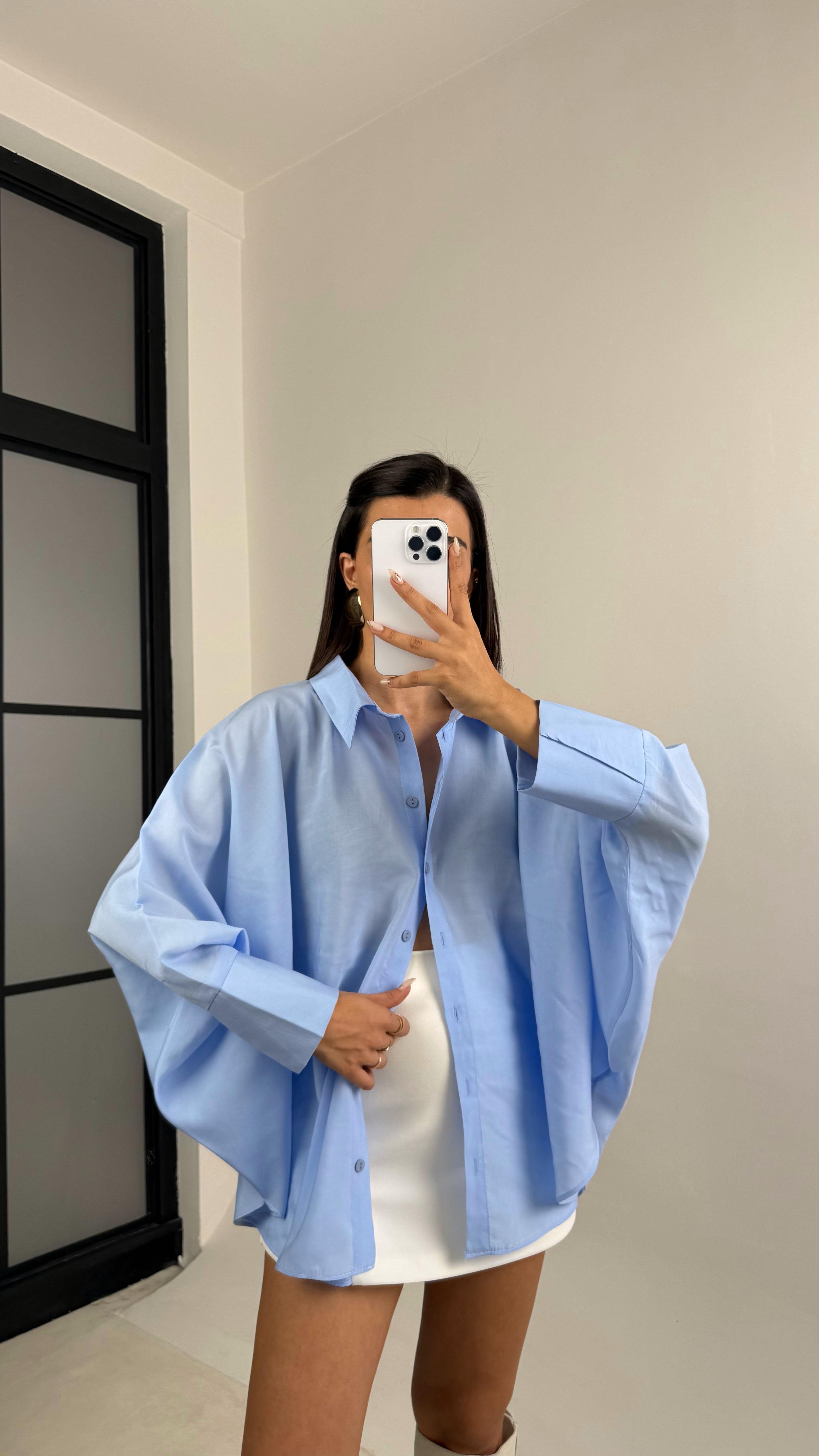 Mavi Yarasa Kol Oversize Tencel Gömlek GAUS-00117GAUS القمصان GAUS-00117