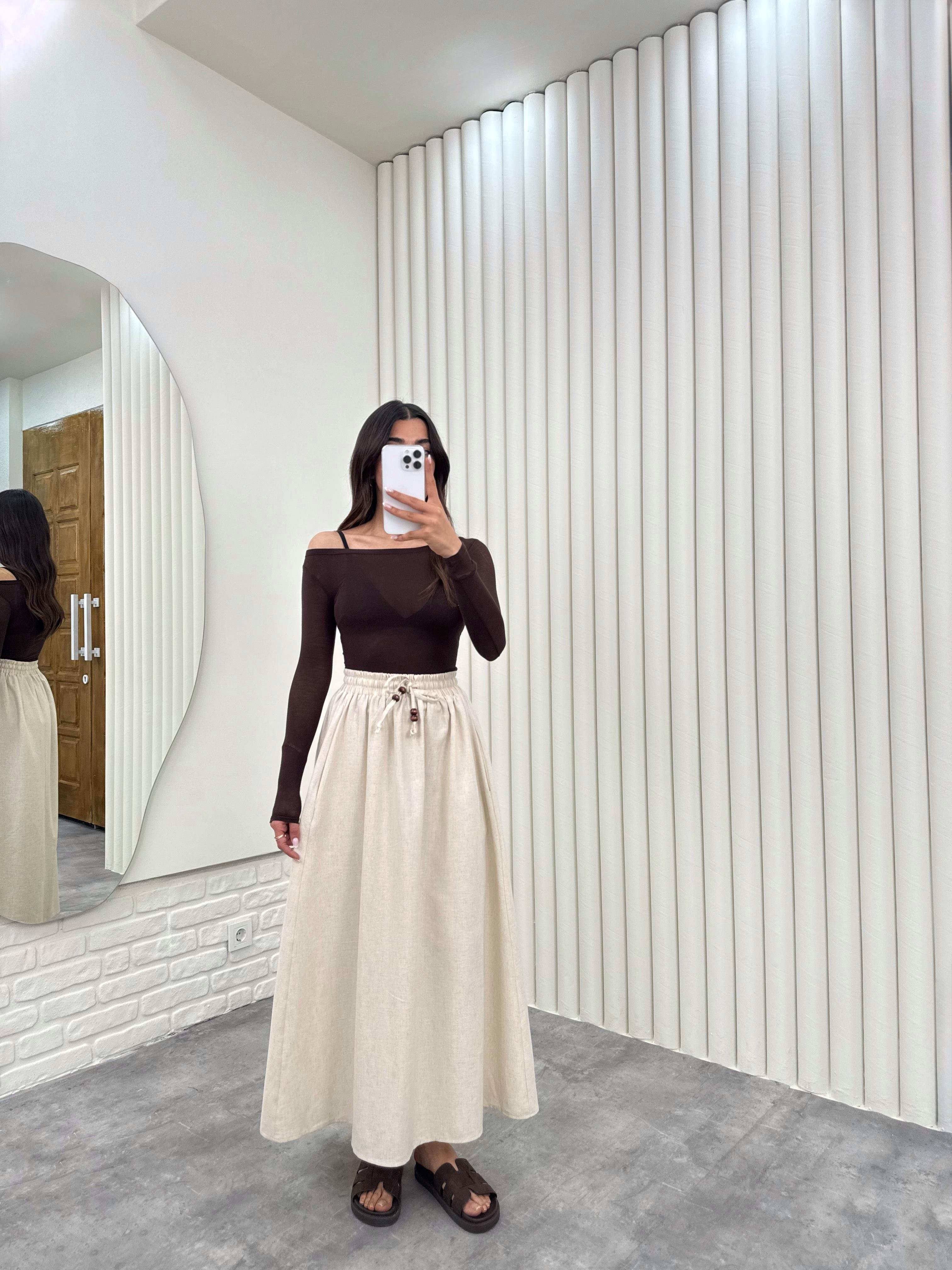 Taş Beli Lastikli Cepli Keten Etek Gaus00298GausETEKGU1001685