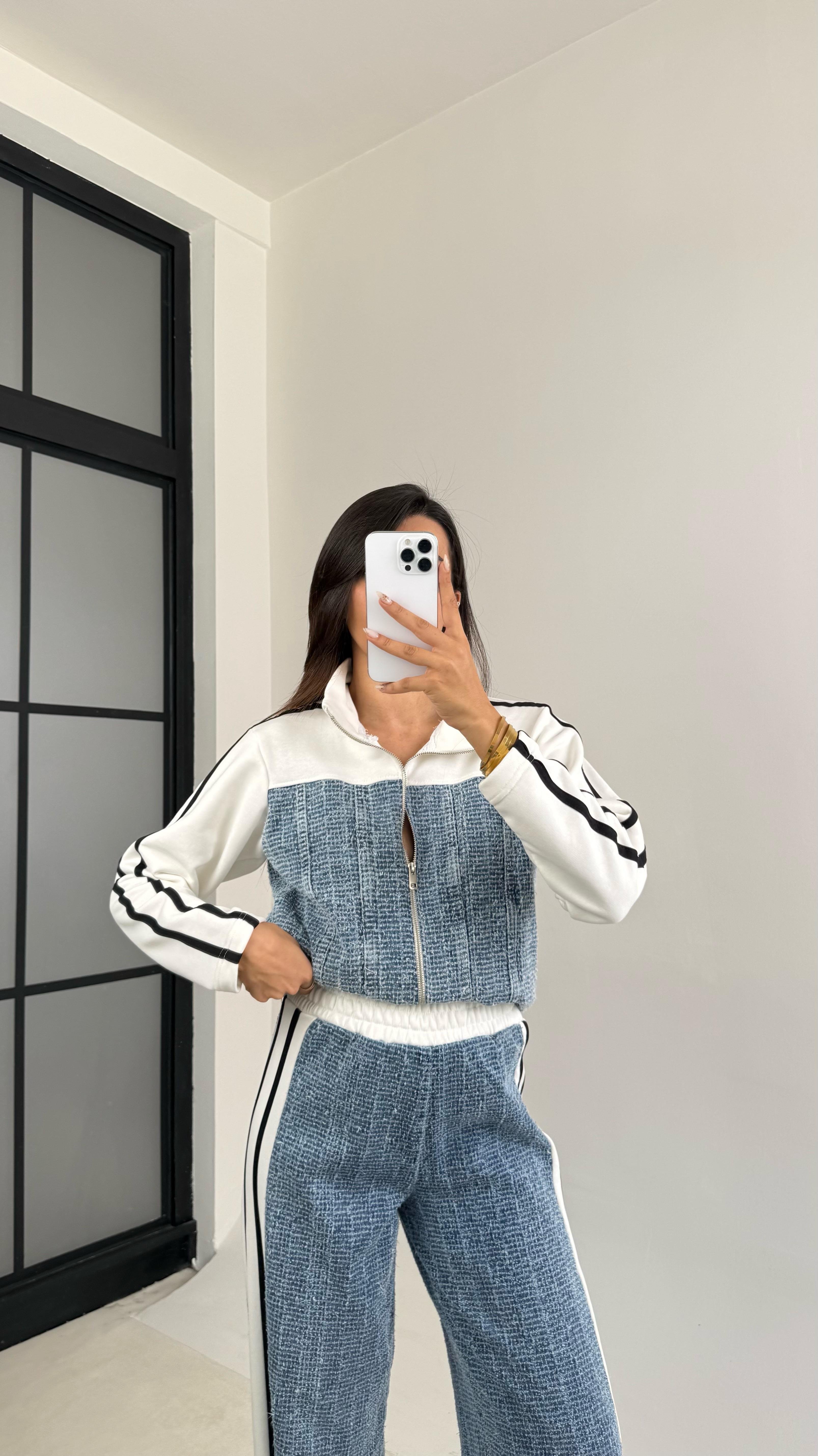 Beyaz Şeritli Denim Detaylı Hırka Beli Lastikli Pantolon İkili Takım GAUS-00113GAUSTAKIMGAUS-00113