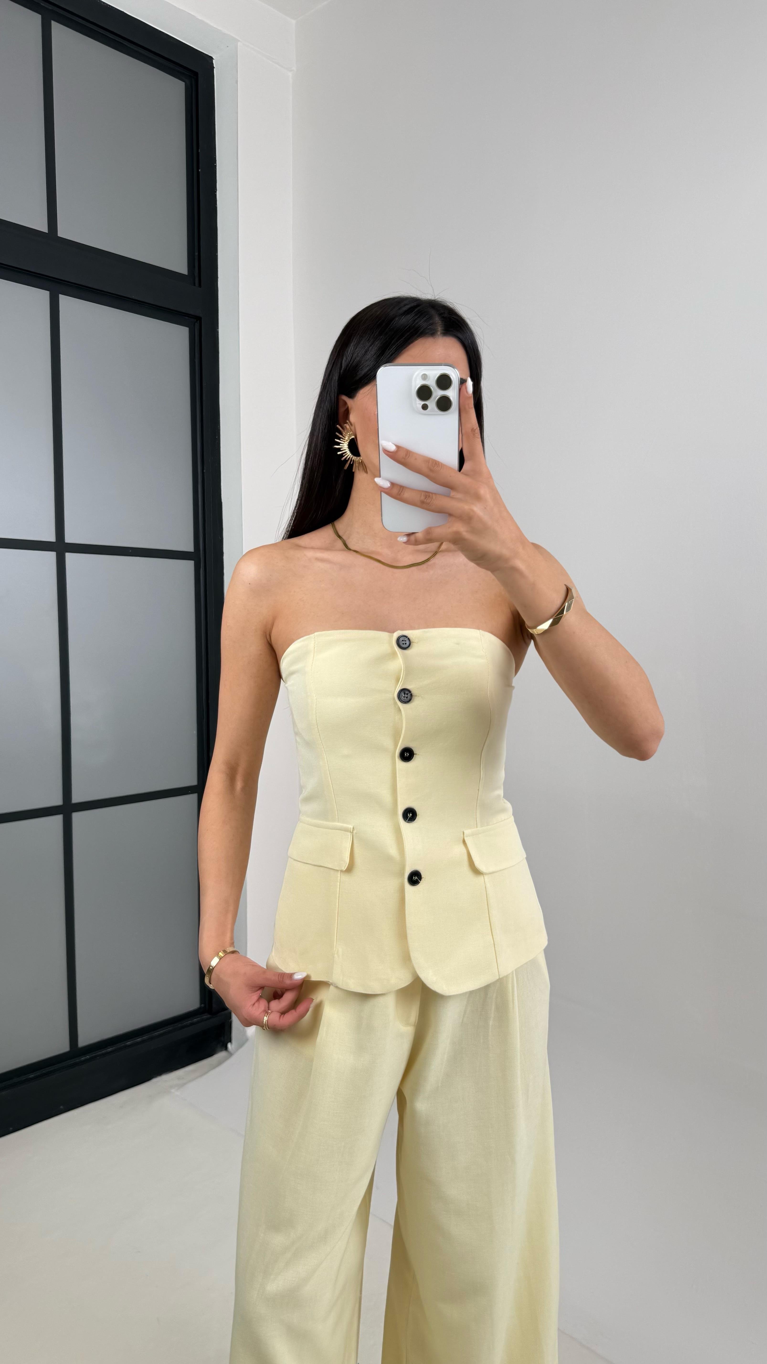 Sarı Straplez Düğmeli Üst Cepli Pantolon İkili Keten Tasarım Takım Gaus00440GausTAKIMGU1002020