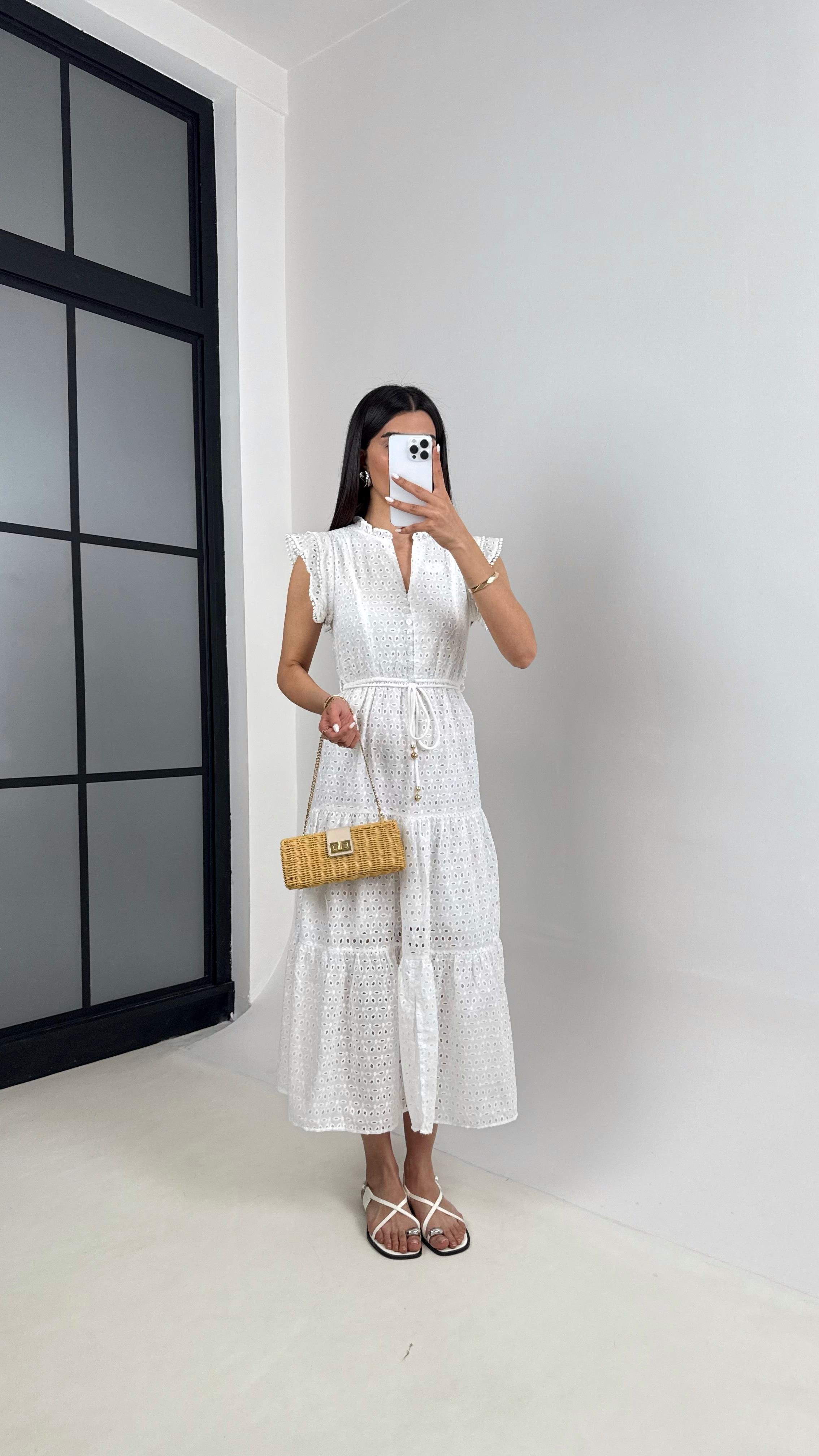 Beyaz V Yaka Astarlı Fistolu Elbise Gaus00406GausELBİSEGU1001947