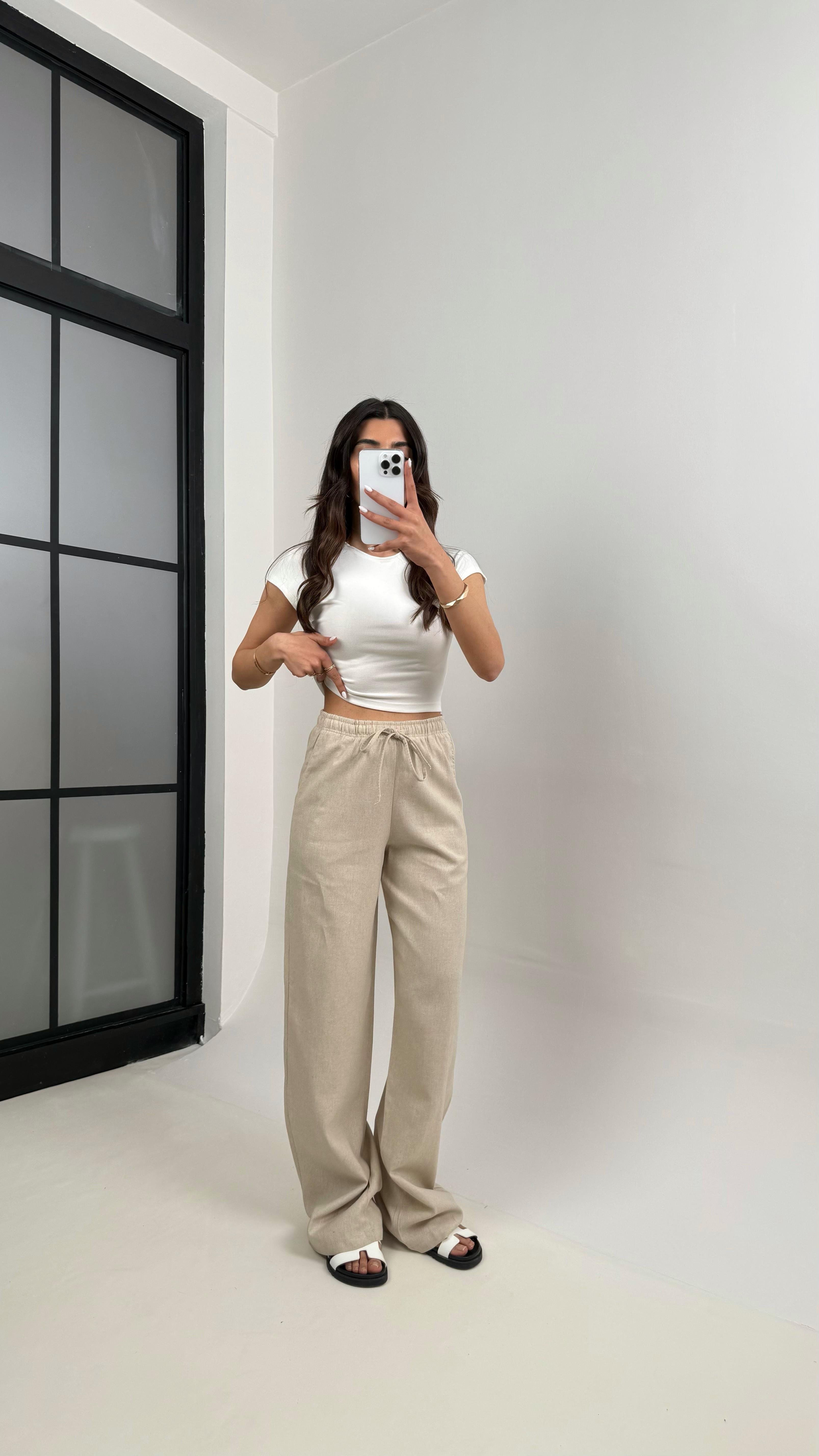 Taş Beli Lastikli Muadil Keten Pantolon Gaus00346GausPantsGU1001805