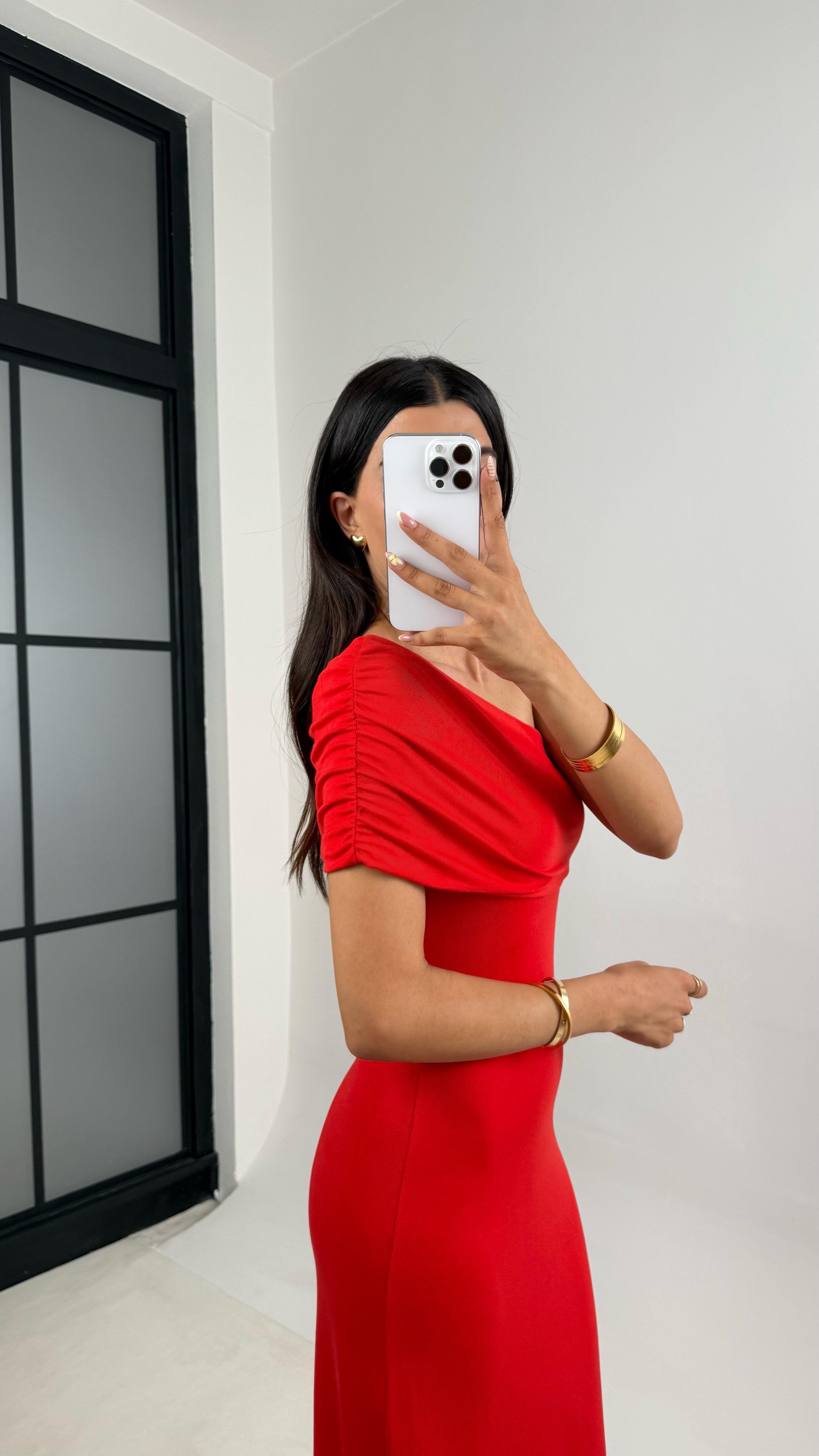 Kırmızı Tek Omuz Maxi Boy Elbise Gaus00685GausELBİSEGU1002580