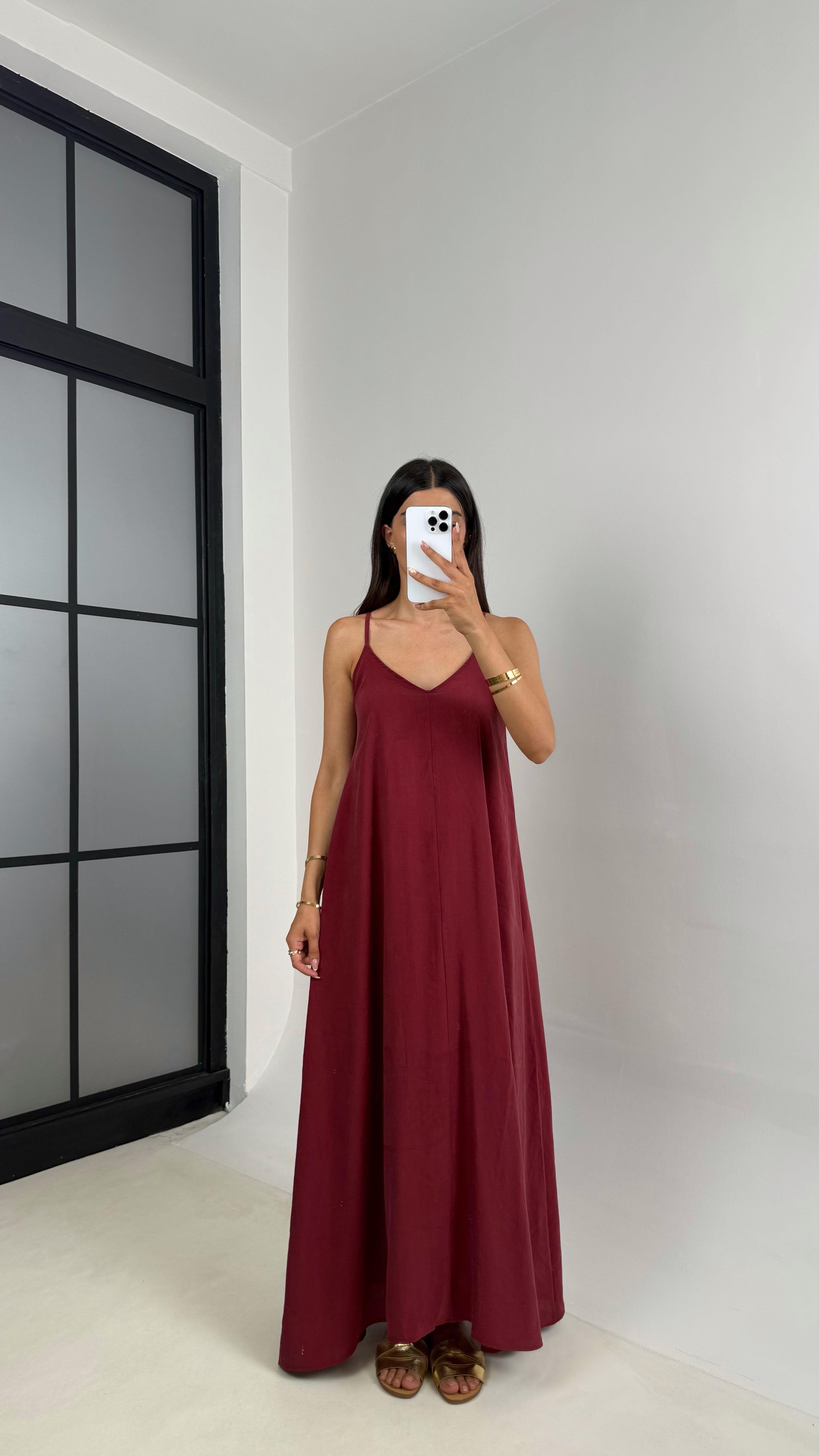 Bordo Ayarlanabilir Askılı Astarlı Tencel Elbise Gaus00690GausELBİSEGU1002596