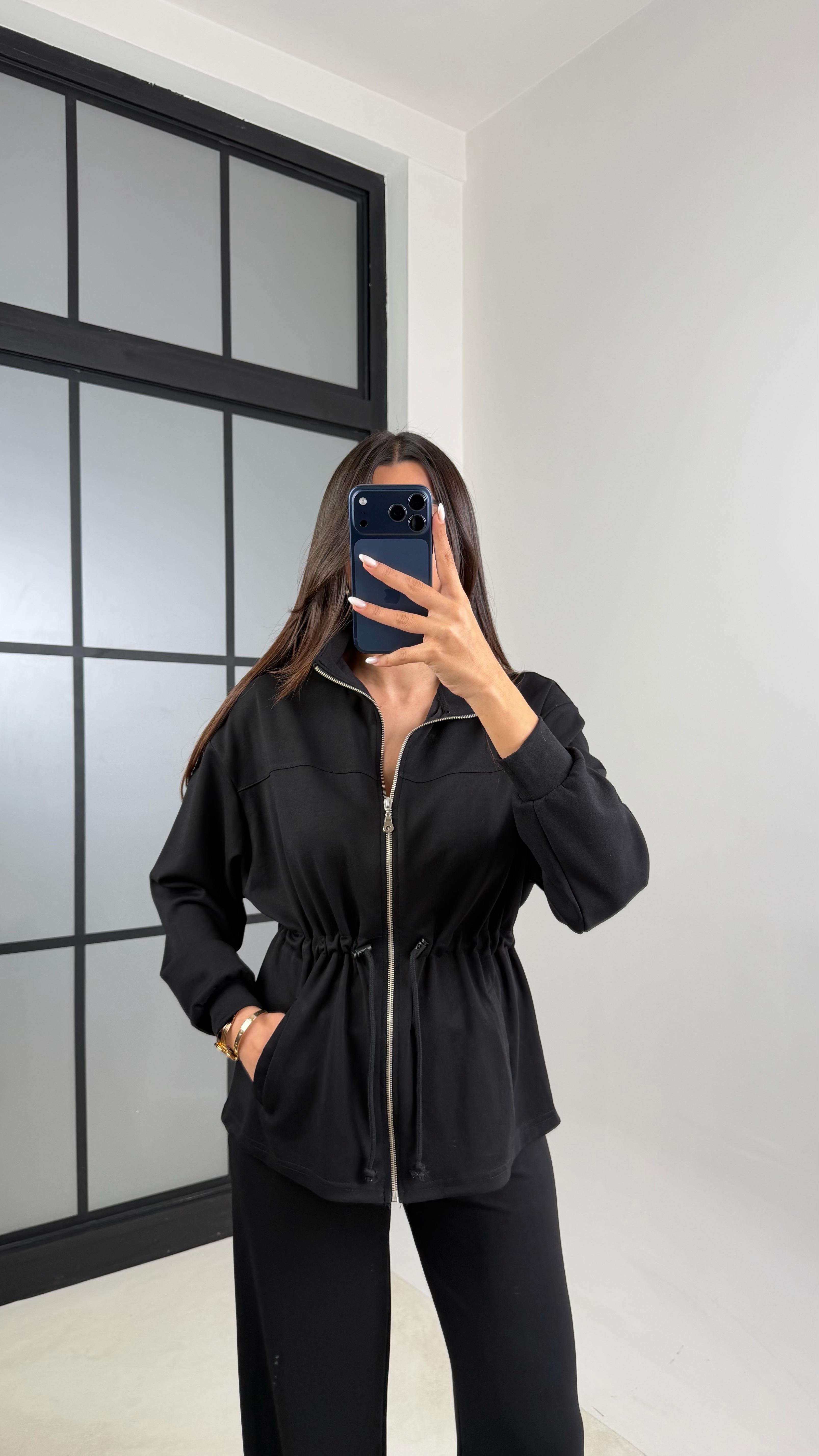 Siyah Beli Kuşaklı Hırka Pantolon İkili Modal Takım GAUS-00571GAUSTAKIMGAUS-00571