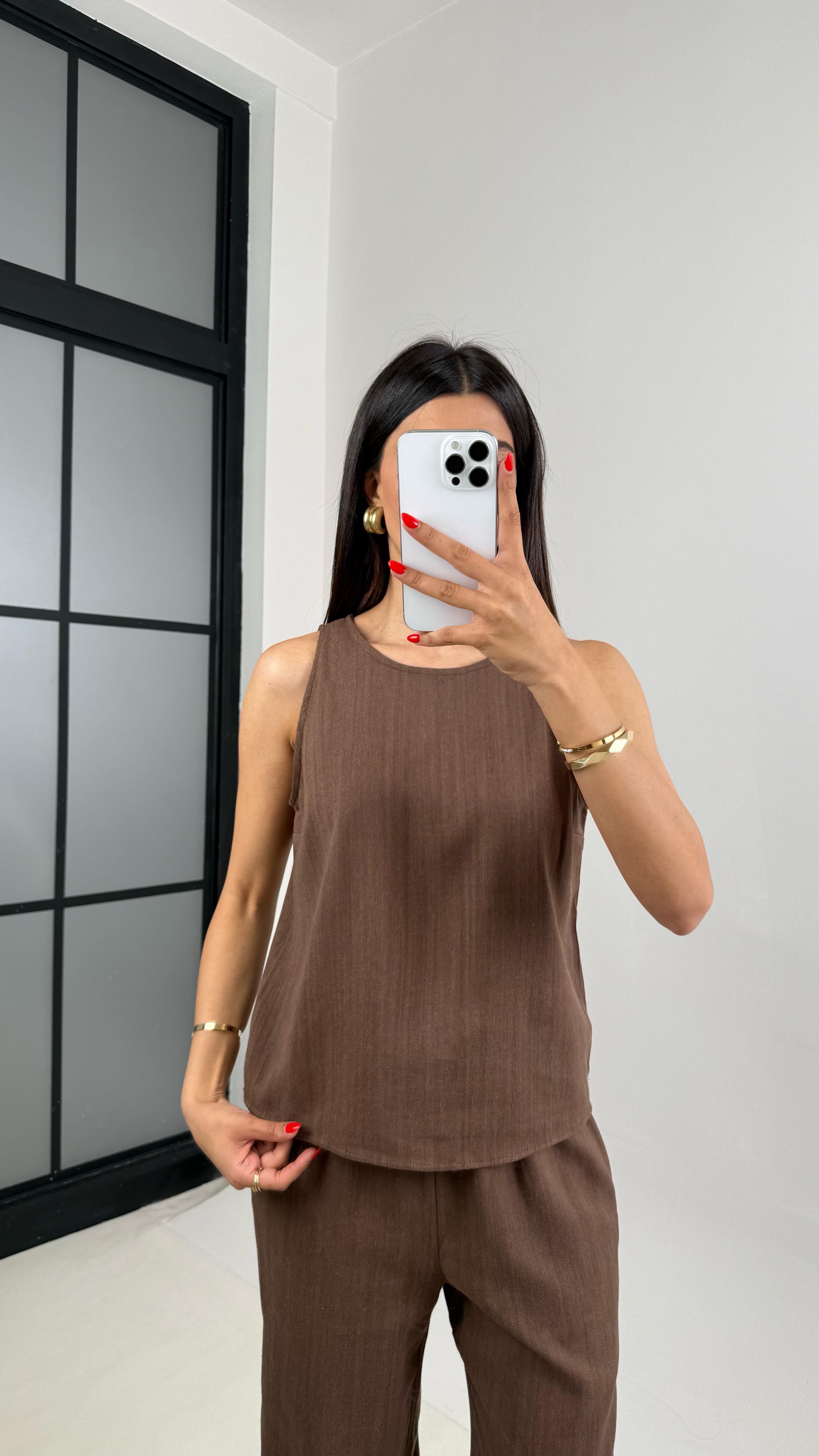 Kahve Sıfır Kol Bluz Beli Lastikli Pantolon Md Muadil Keten Takım Gaus00495 GausTAKIMGU1002161