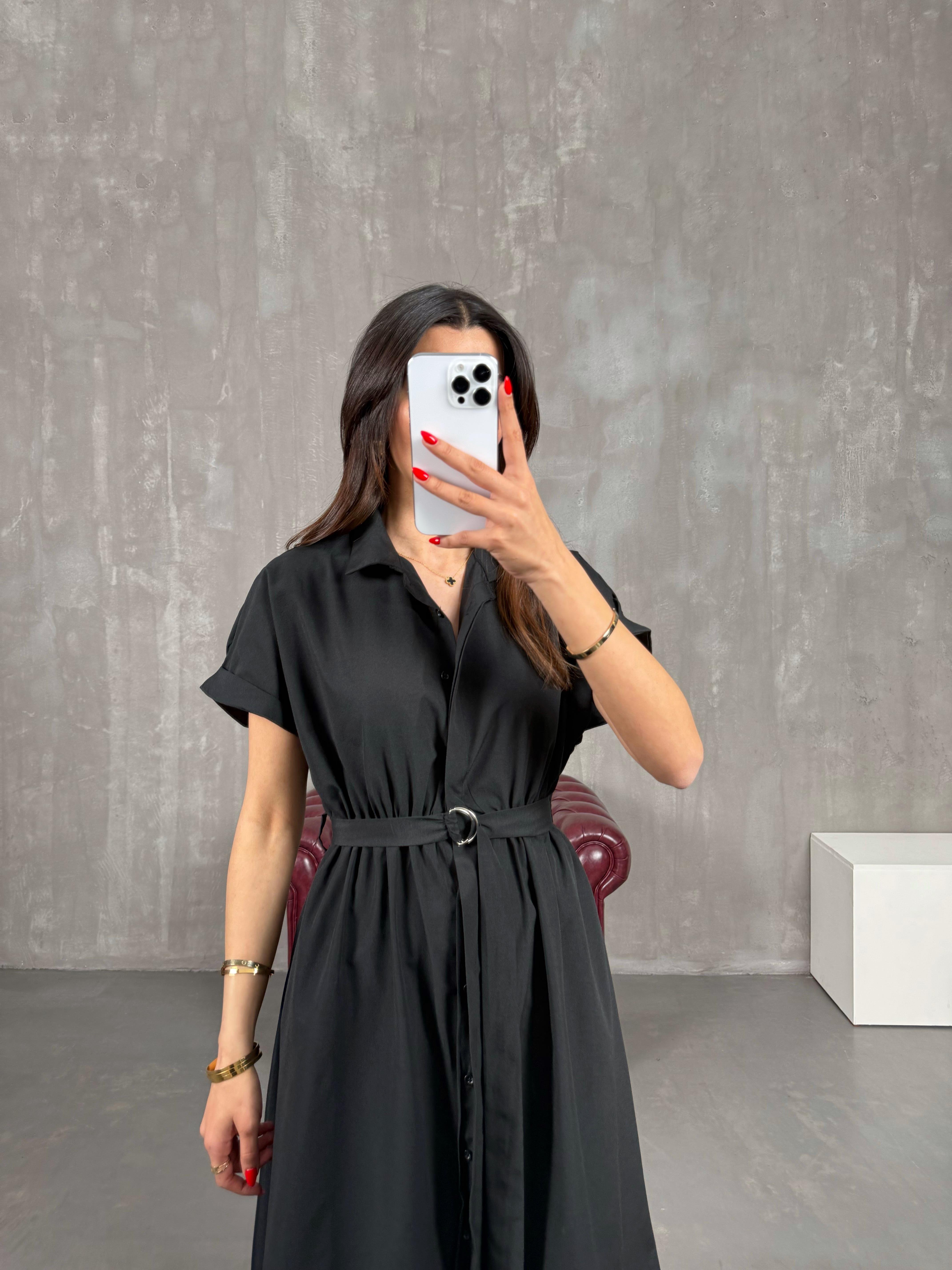 Siyah Ön Düğmeli Kuşaklı Beli Lastikli Gömlek Yaka Elbise Gaus00178GausDressesGU1001413