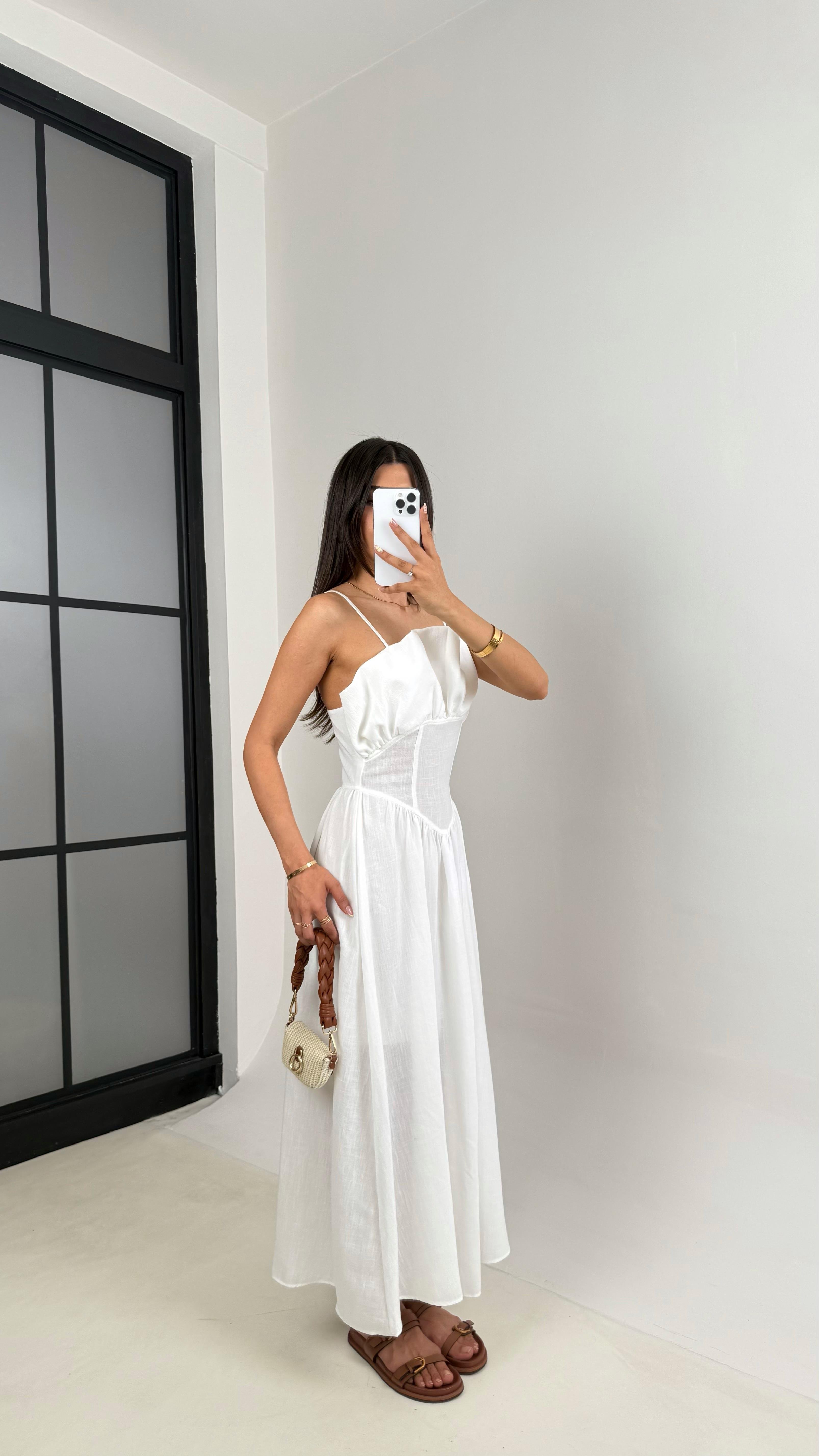 Beyaz Ayarlanabilir Askılı Korse Detaylı Astarlı Keten Elbise Gaus00640GausELBİSEGU1002491
