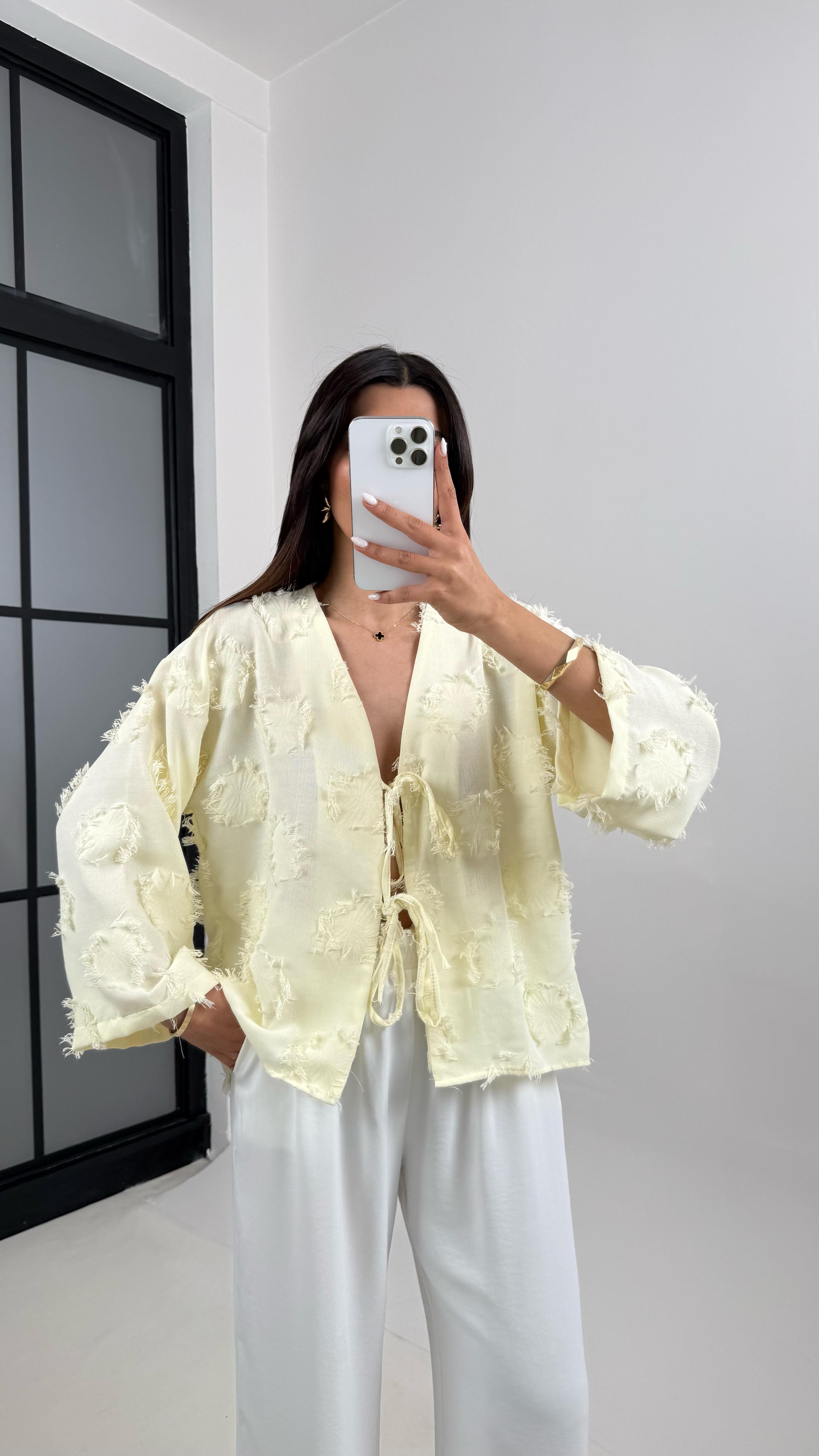 Zenit Sarı Püskül Detaylı Bağlamalı Keten GömlekGausGÖMLEKGU1001863