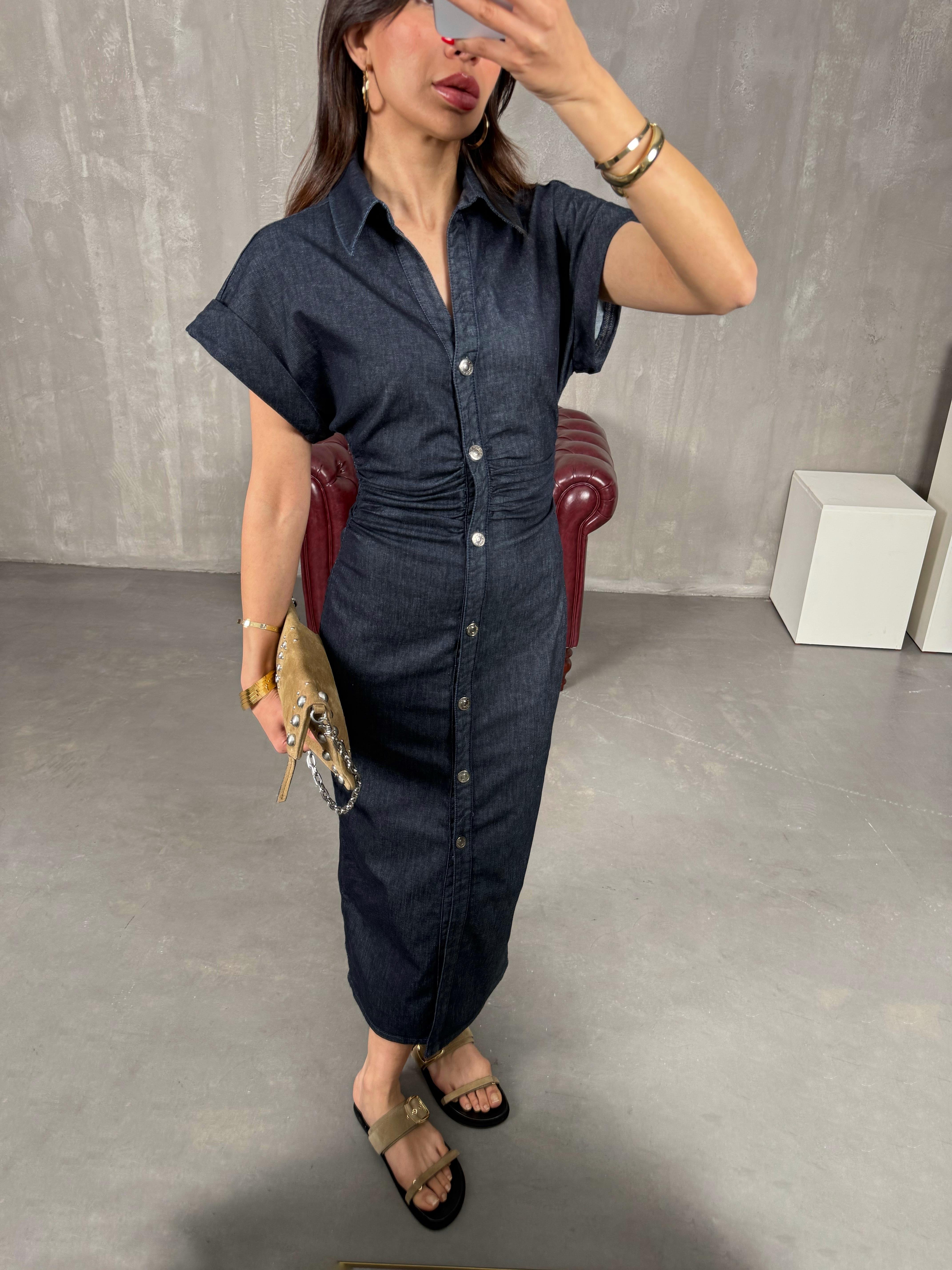 Lacivert Ön Düğmeli Beli Lastikli Denim Elbise Gaus00206GausELBİSEGU1001485