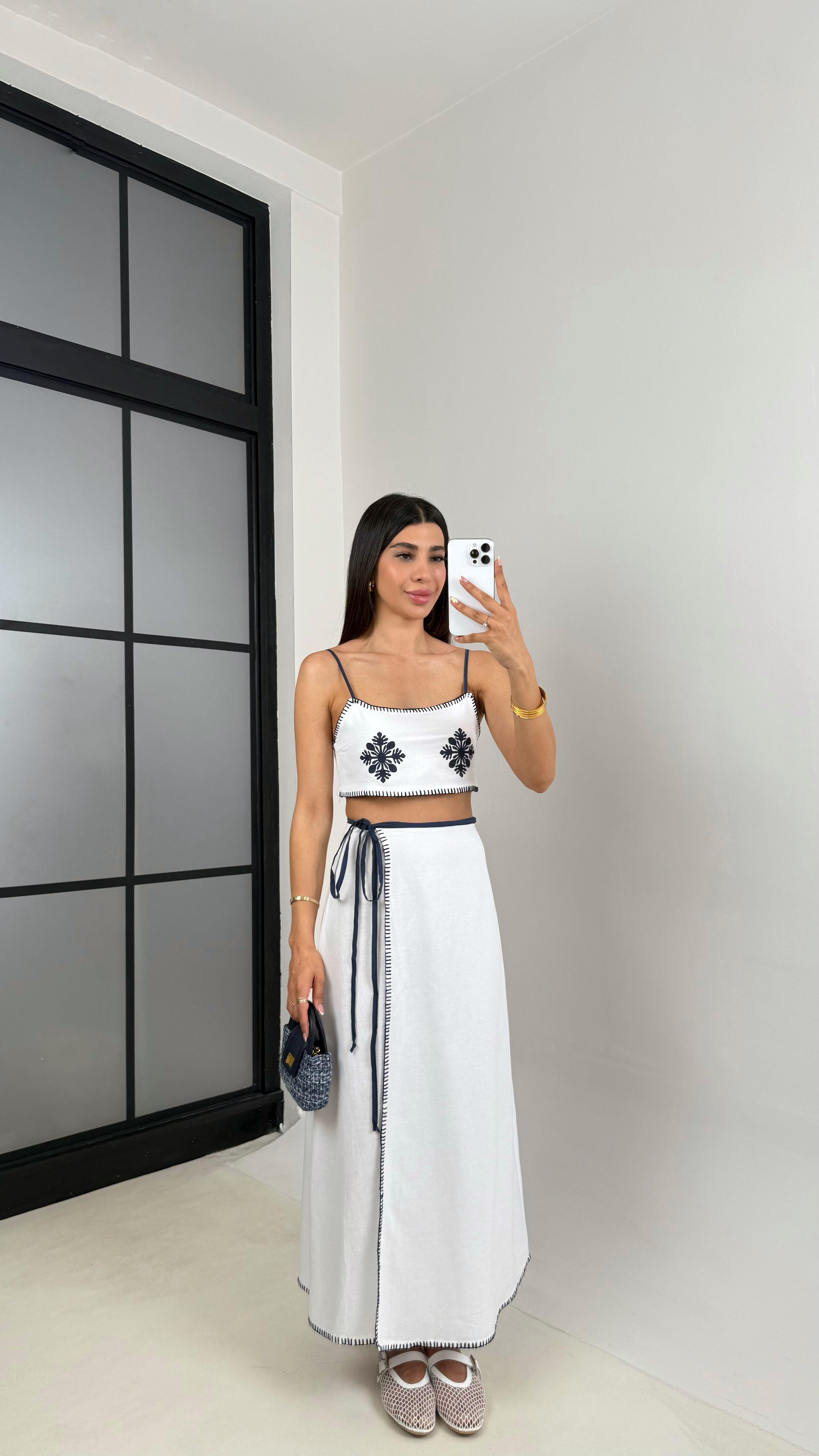 Keten Nakış İşlemeli Crop Bağlamalı Etek İkili Takım Gaus00647GausTAKIMGU1002504 