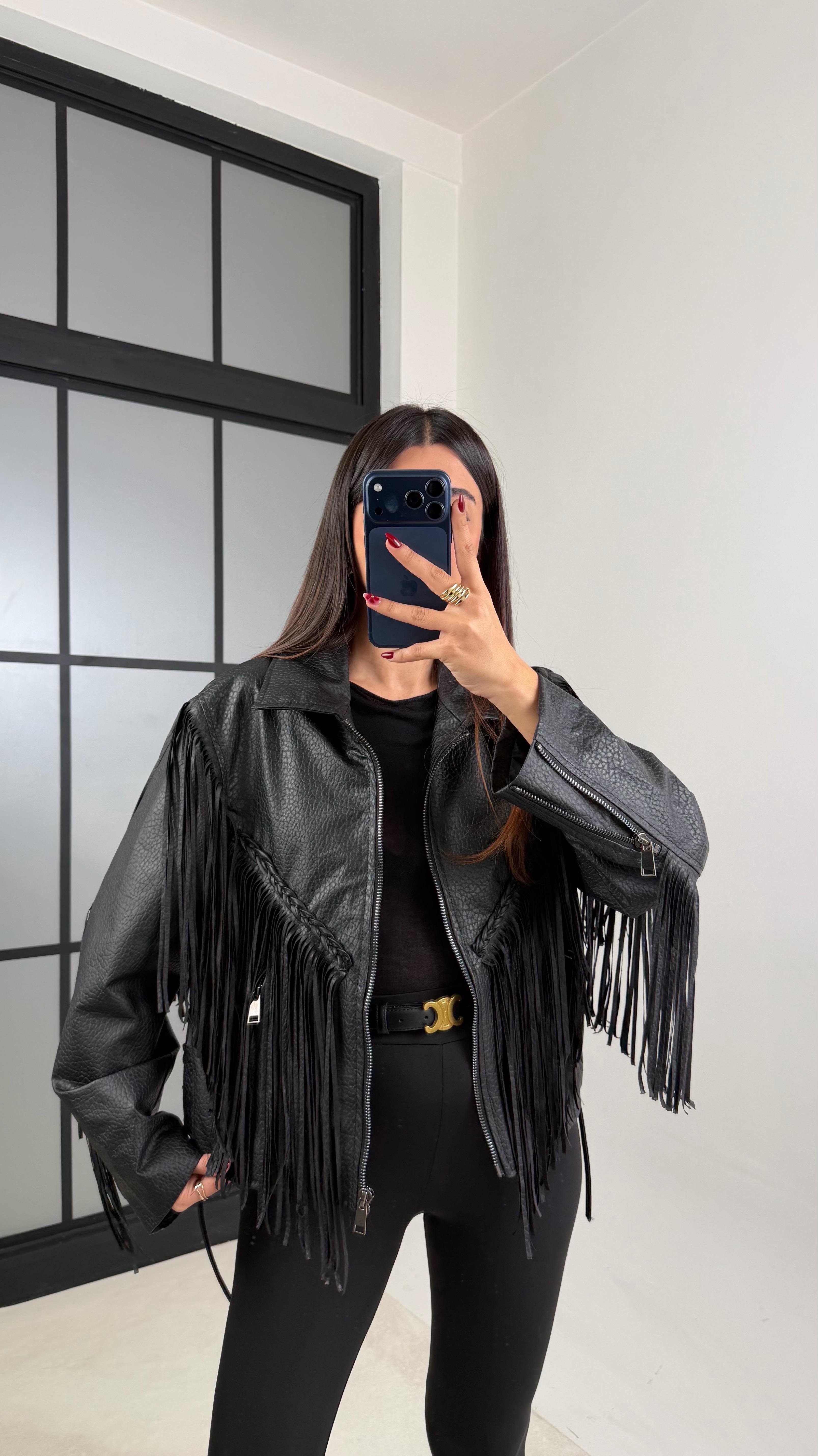 Siyah Yılan Derisi Desenli Astarlı Püsküllü Deri Ceket GAUS-00668GAUS السترات  GAUS-00668