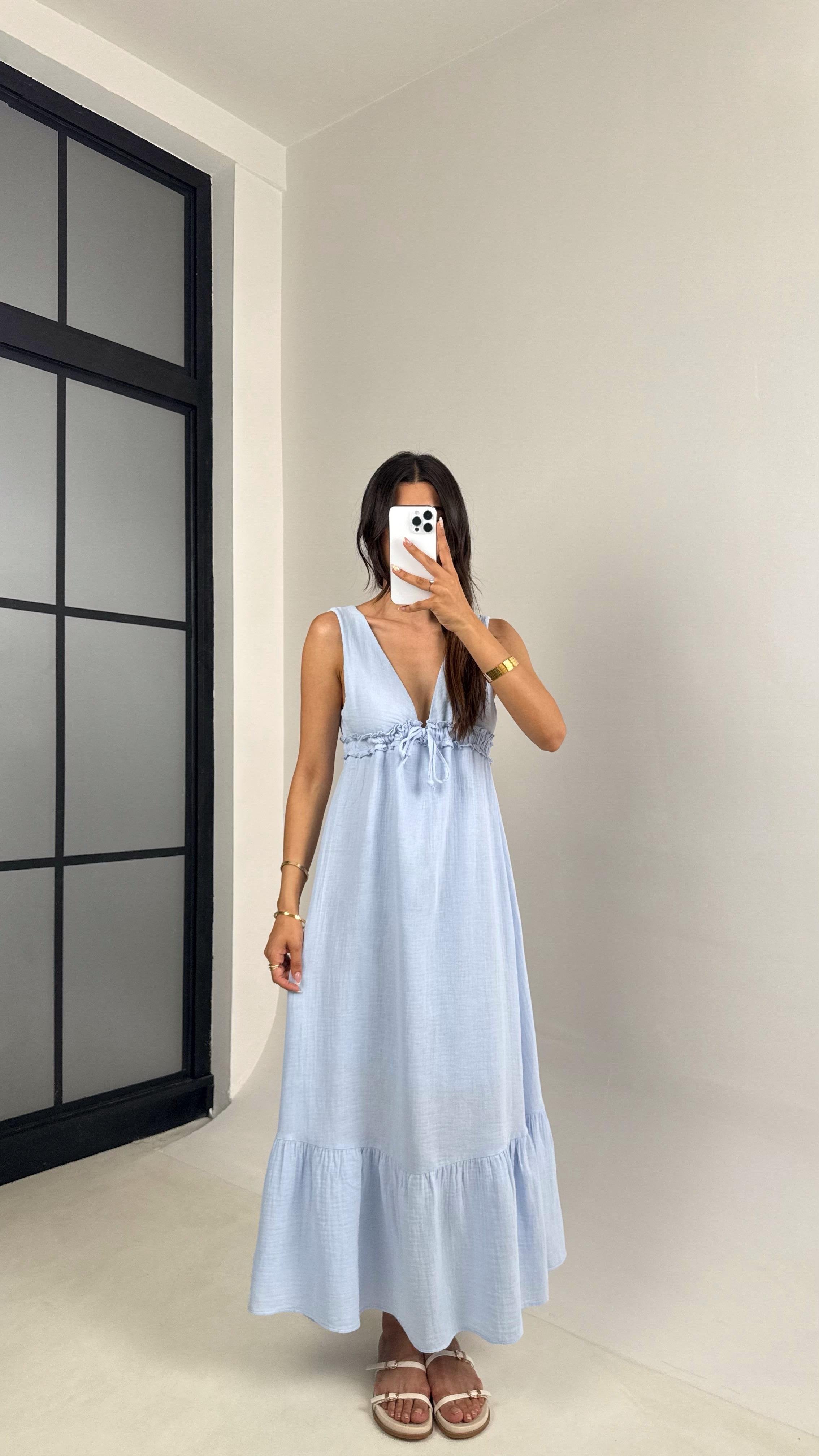 Mavi V Yaka Beli Ayarlanabilir Lastikli Astarlı Müslin Elbise Gaus00680GausELBİSEGU1002573