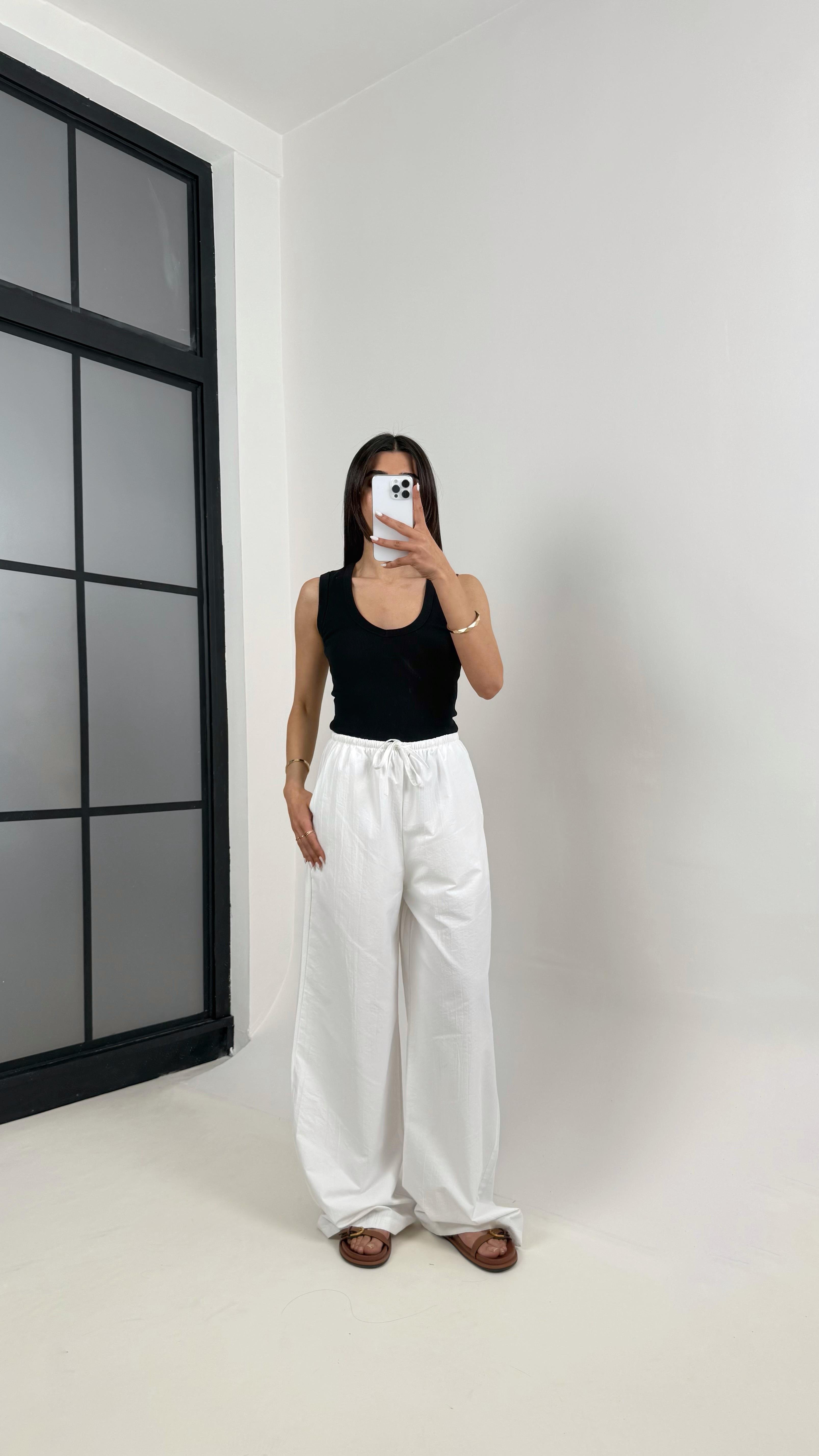 Beyaz Beli Lastikli Yarım Astarlı  Salaş Pantolon Gaus00363GausPANTOLONGU1001842