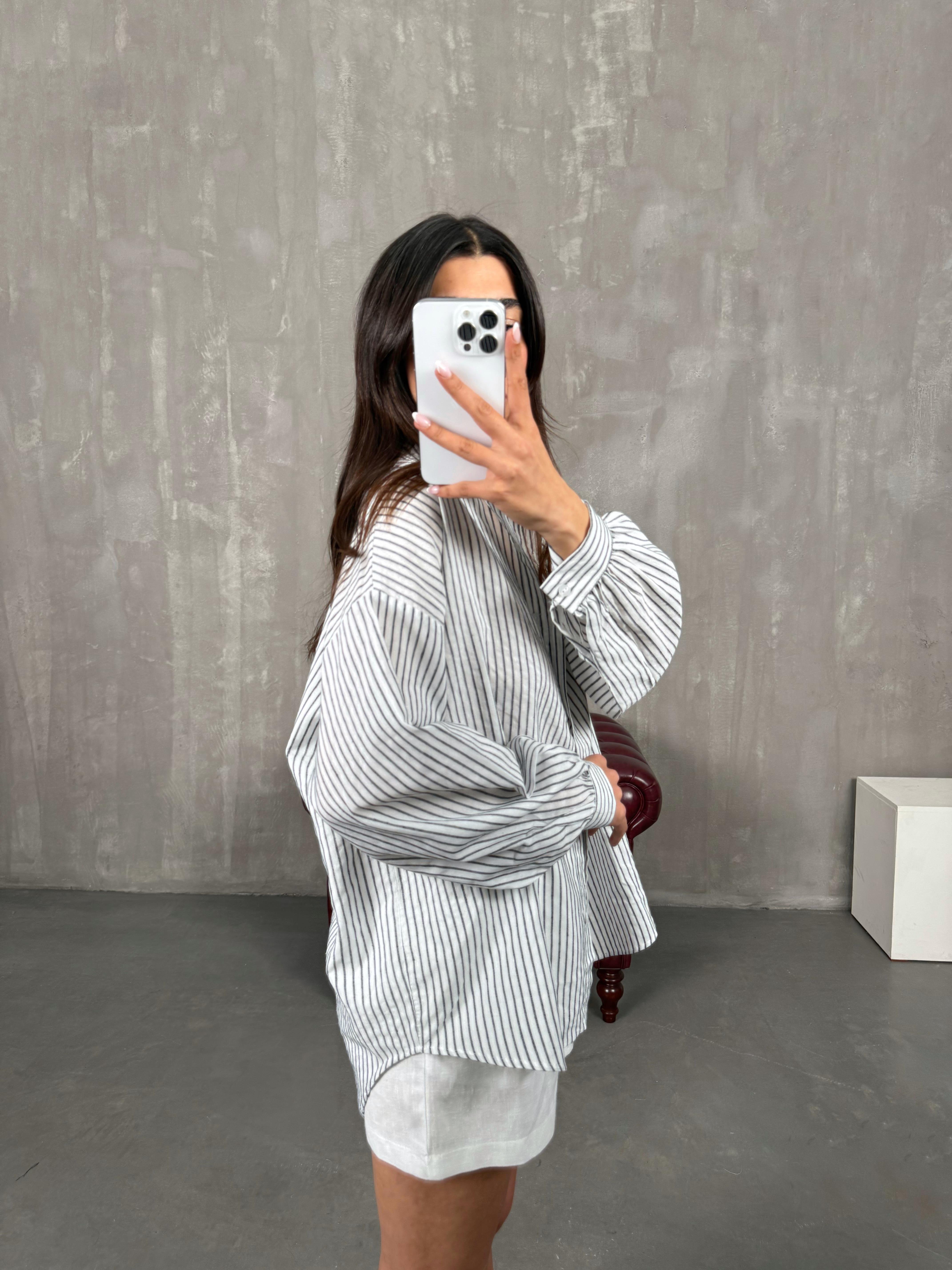 Siyah Beyaz Çizgili Keten Gömlek Gaus00268GausGÖMLEKGU1001619