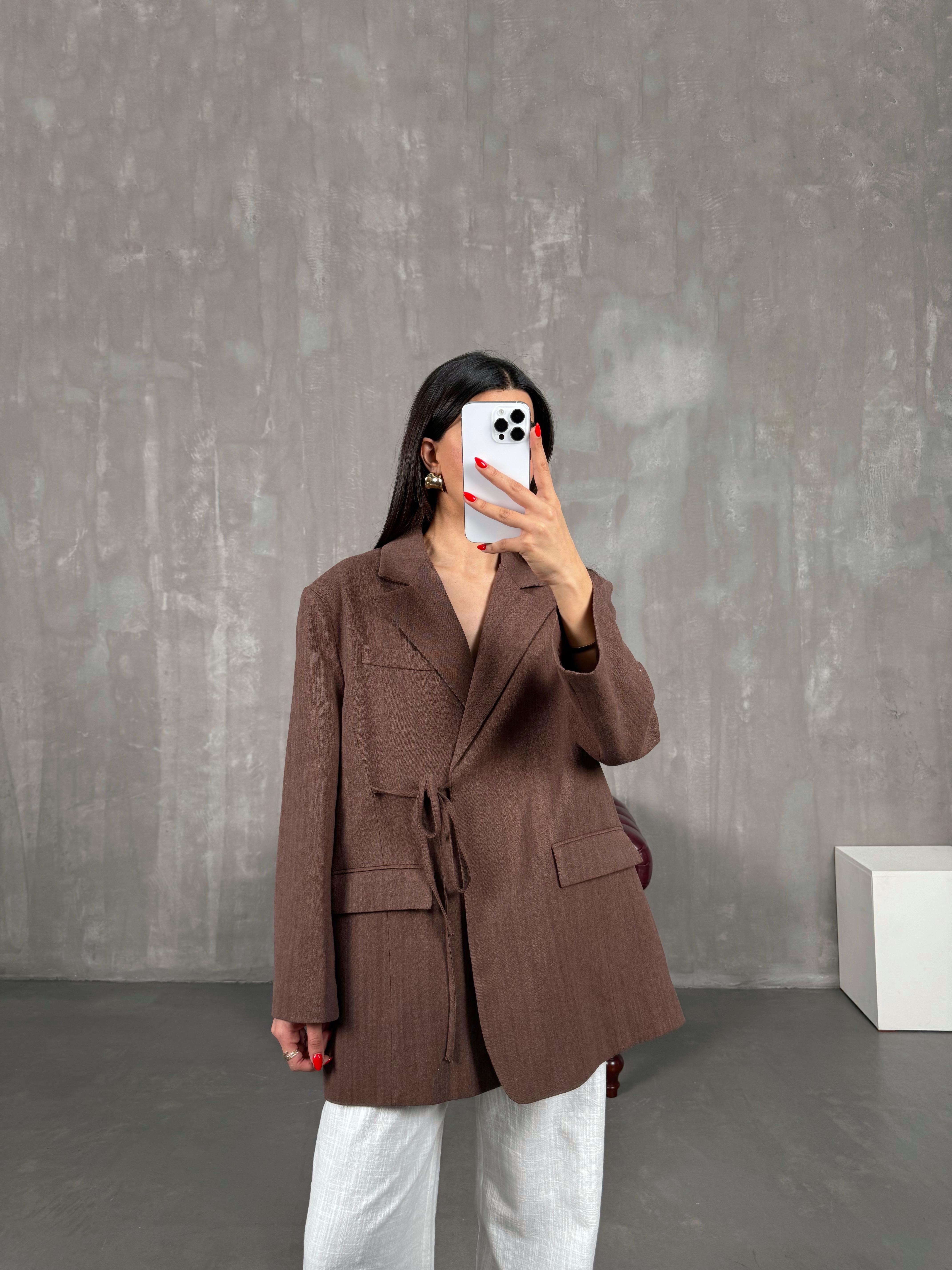 Kahve Astarlı Bağlamalı Keten Ceket Gaus00160GausCEKETGU1001368