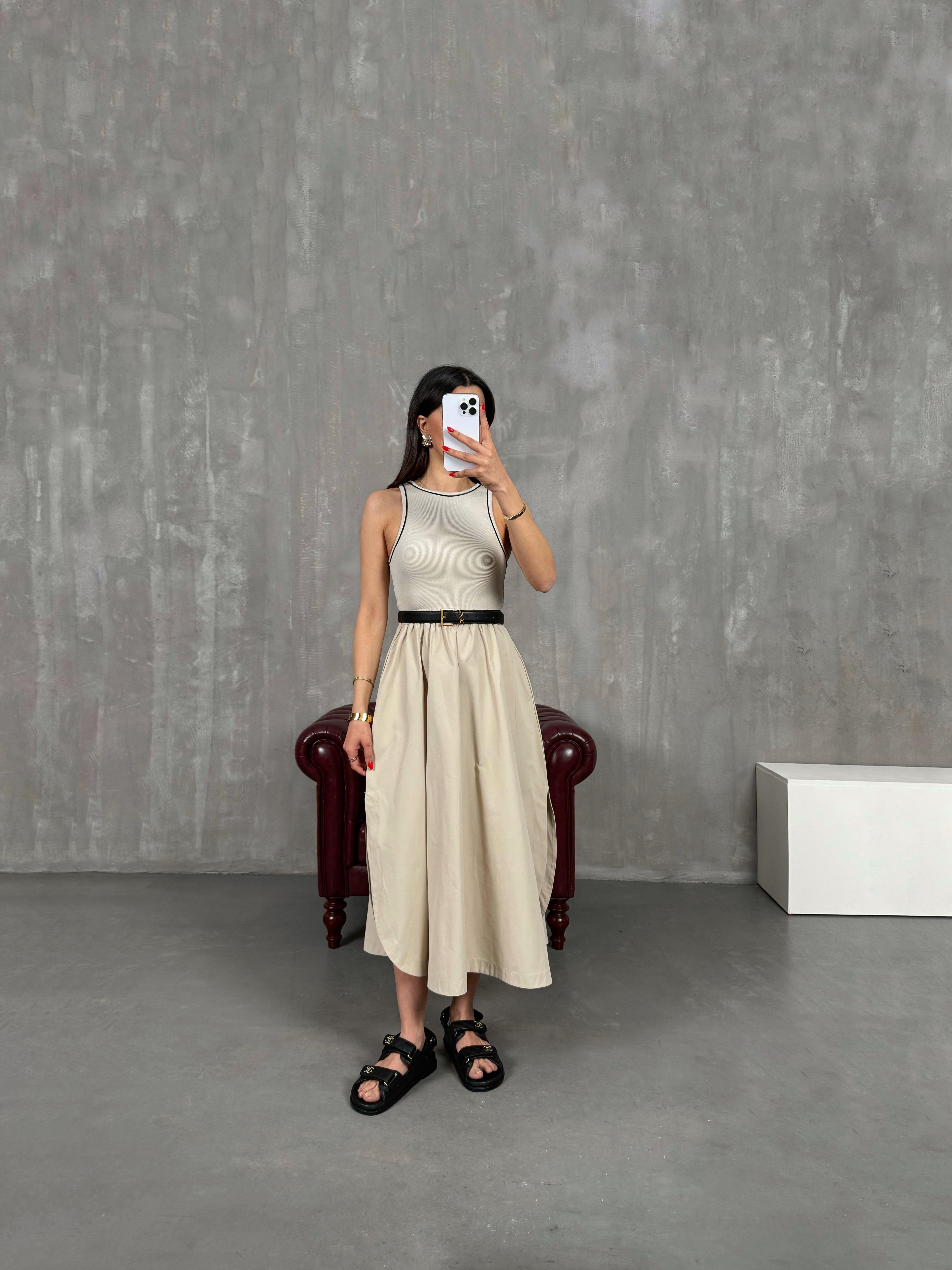 Taş Poplin Karışımlı Fitilli Sıfır Kol Yırtmaçlı Cepli Elbise Gaus00172GausELBİSEGU1001398