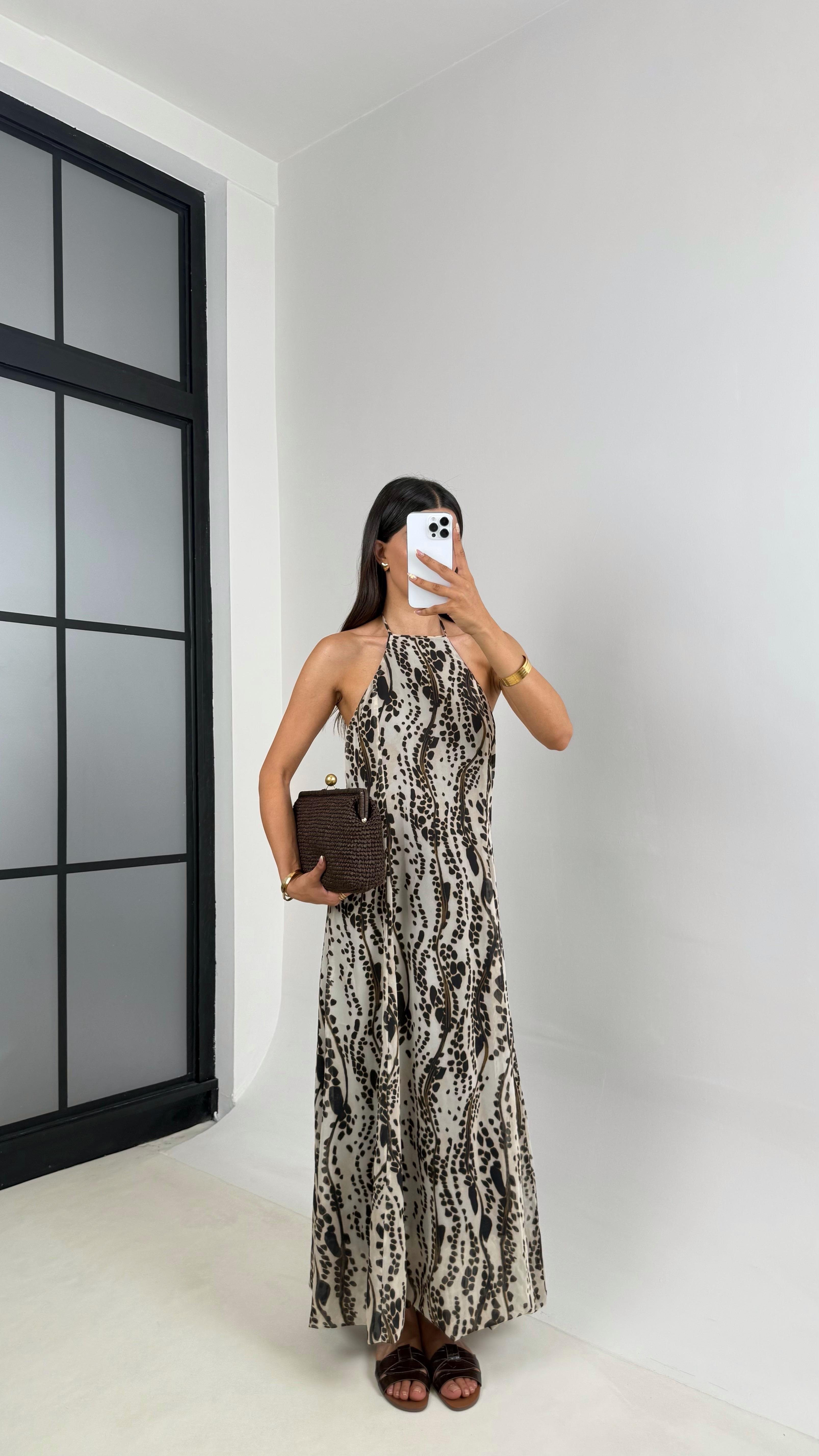 Ekru Desenli Boyundan Bağlamalı Astarlı Şifon Elbise Gaus00687GausELBİSEGU1002583