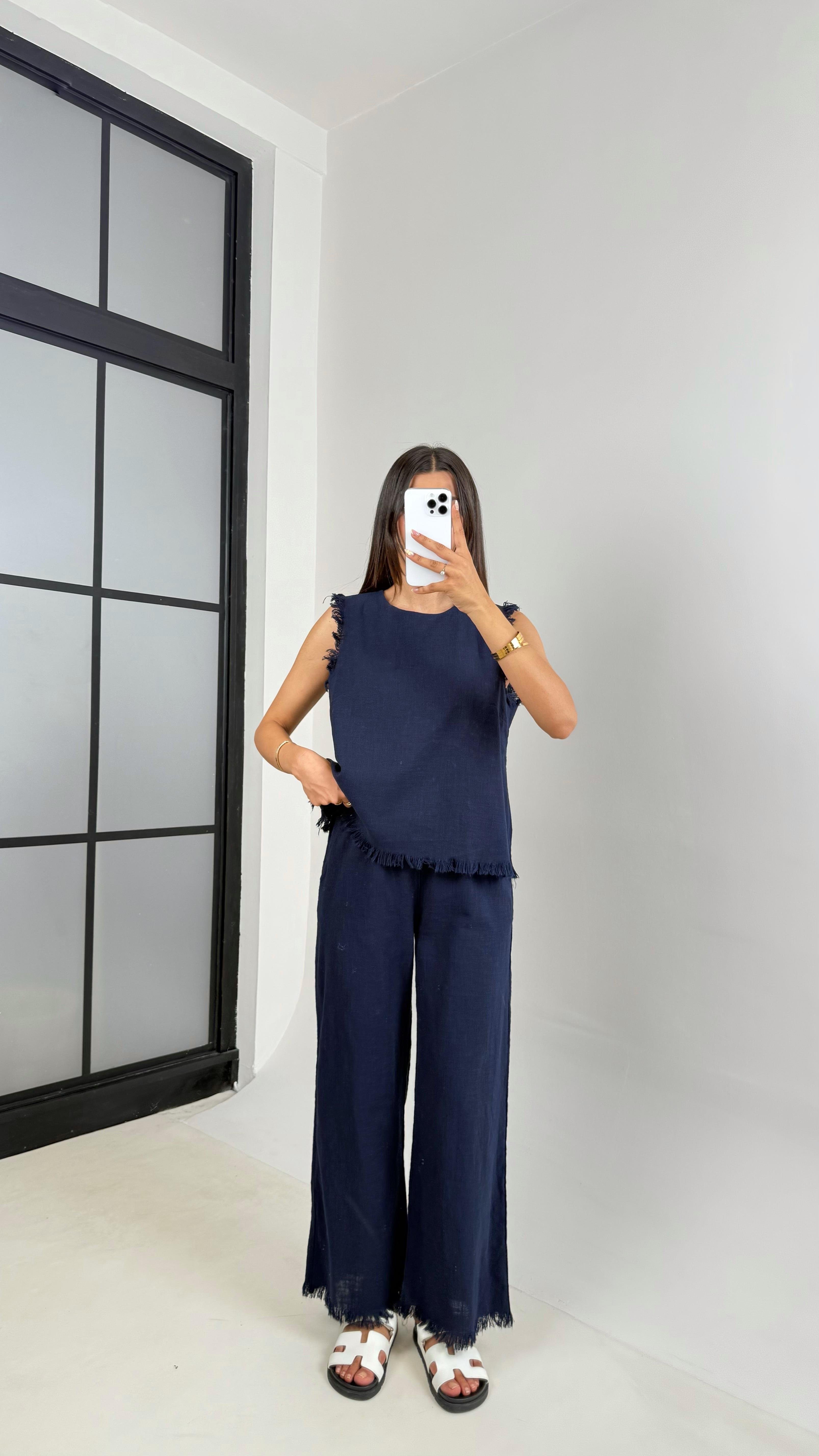 Lacivert Püskül Detaylı Bluz Beli Lastikli Cepli Pantolon Keten Takım Gaus00646 GausTAKIMGU1002503