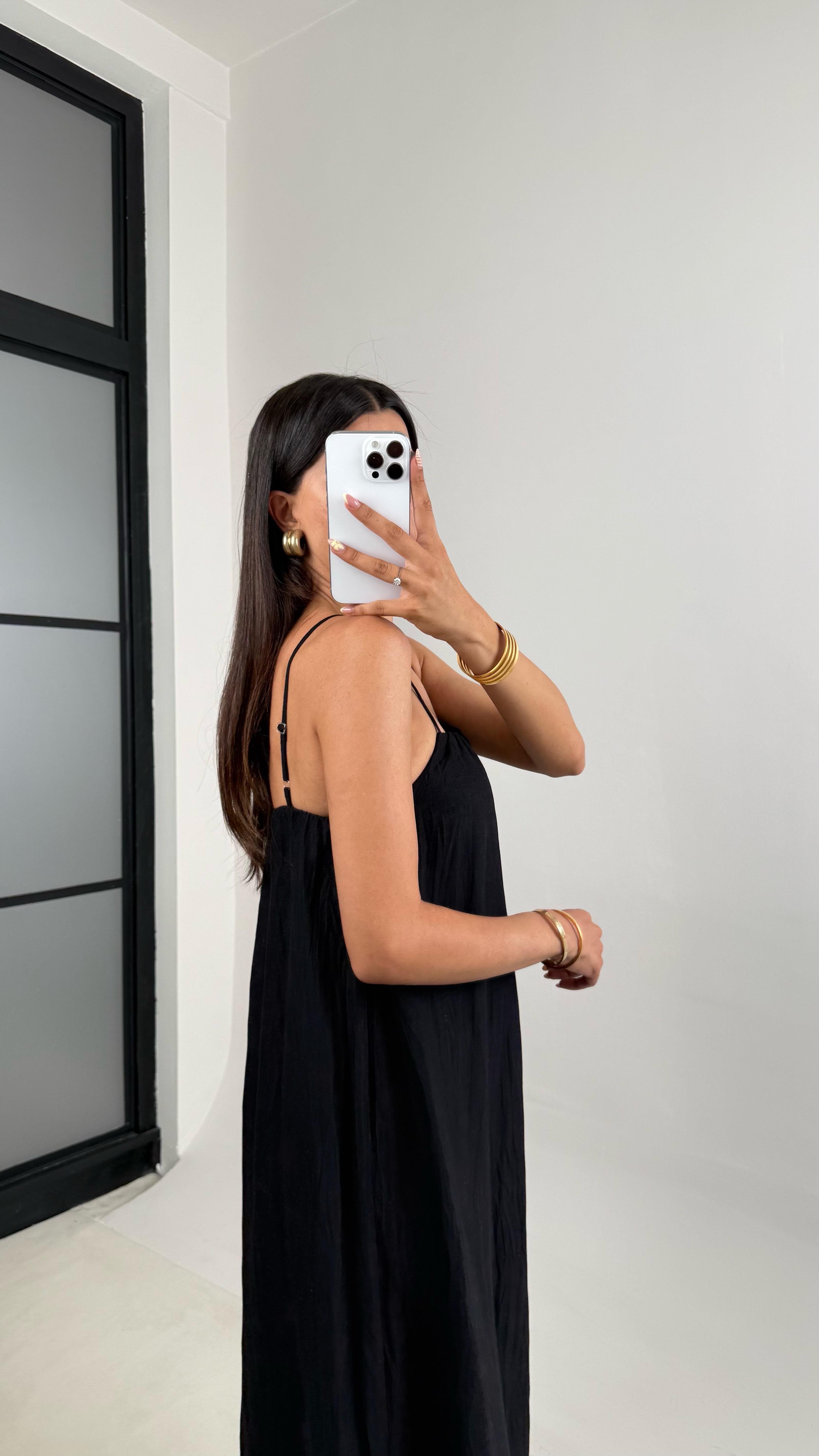 Siyah Ayarlanabilir Askılı Muadil Kırışık Kumaş Elbise Gaus00674GausELBİSEGU1002553