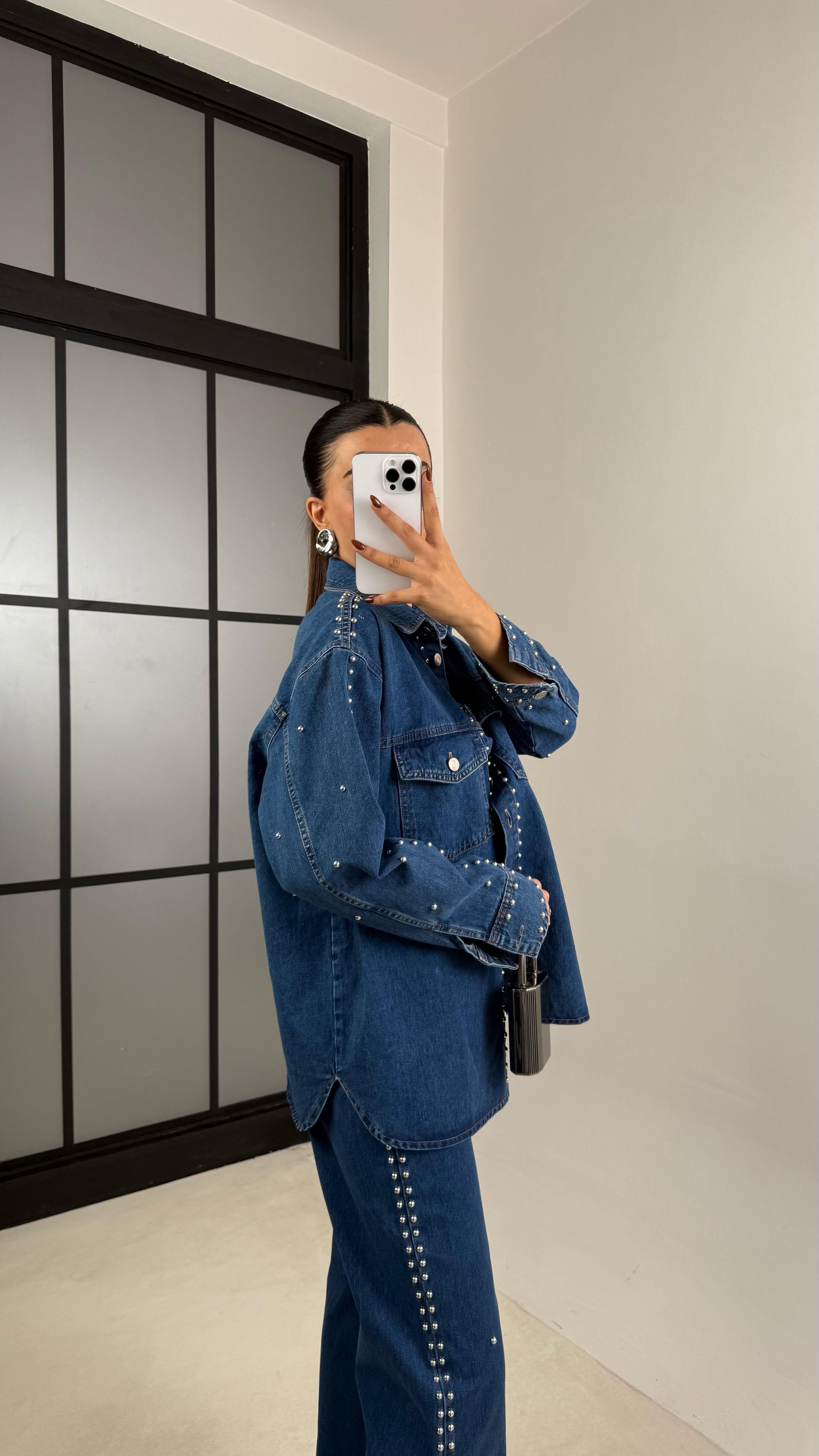 Lacivert Zımba Detaylı Gömlek Pantolon İkili Denim Takım GAUS-00194GAUSTAKIMGAUS-00194