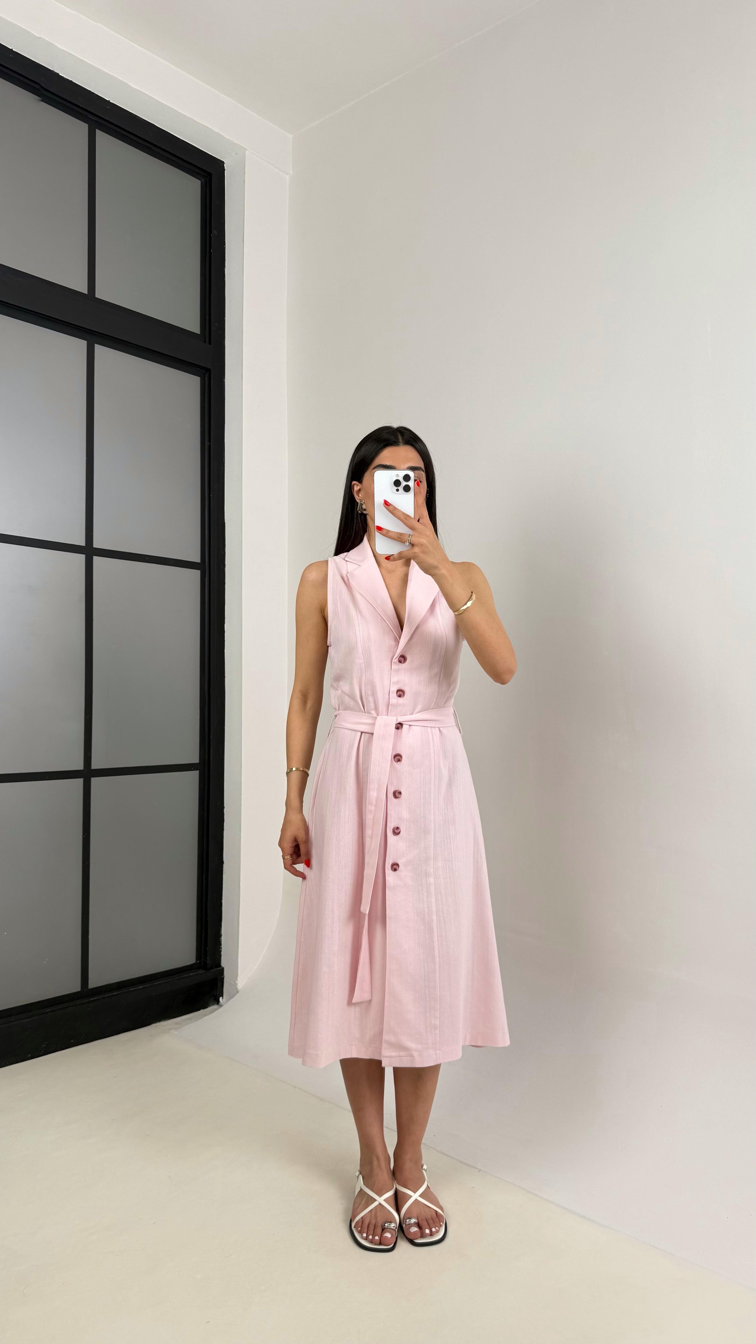 Pembe V Yaka Önü Düğmeli Kuşaklı Keten Elbise Gaus00461 GausELBİSEGU1002077