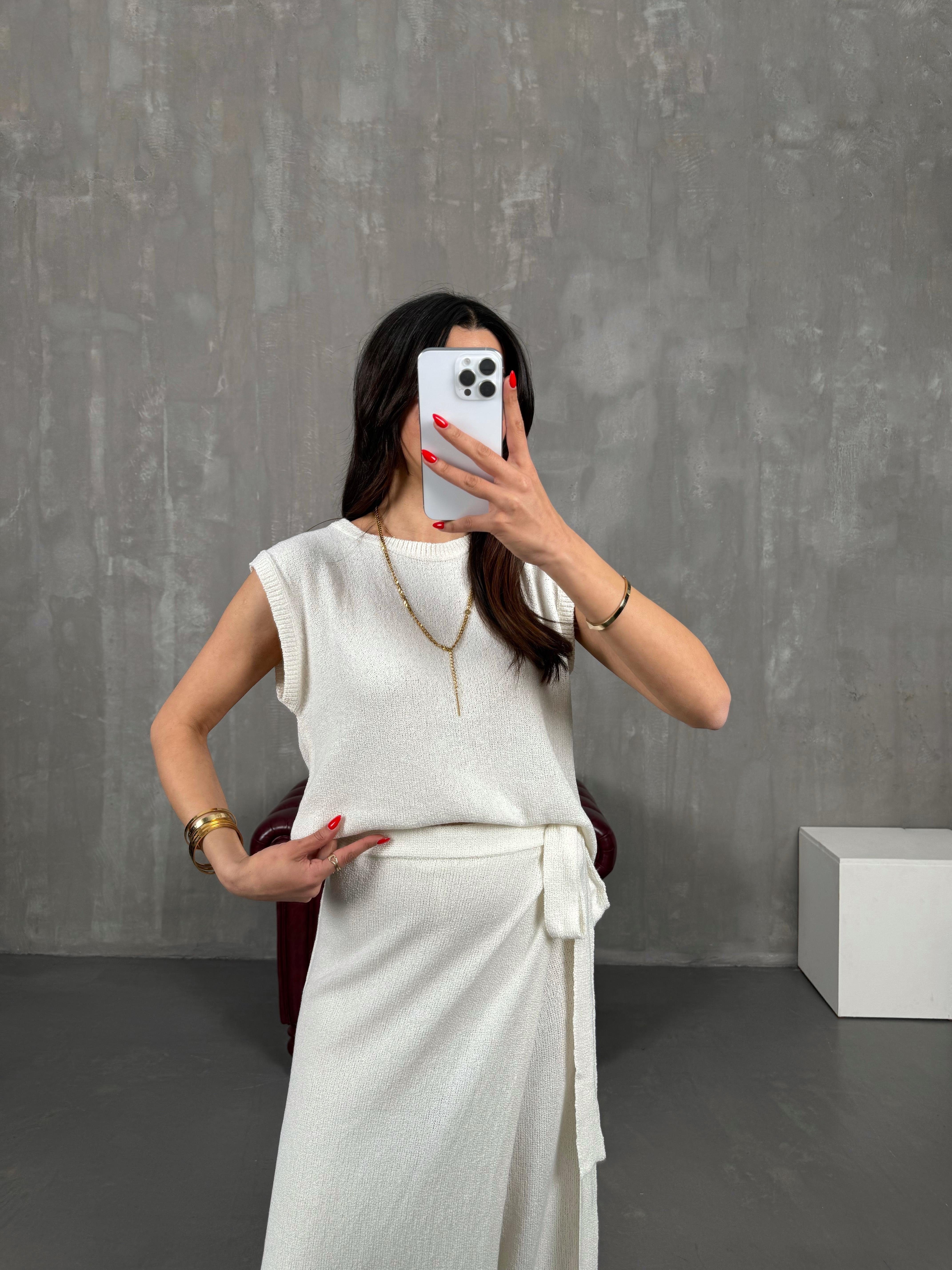 Krem Etekli Pantolon Sıfır Kol Triko Takım Gaus00174GausTAKIMGU1001402