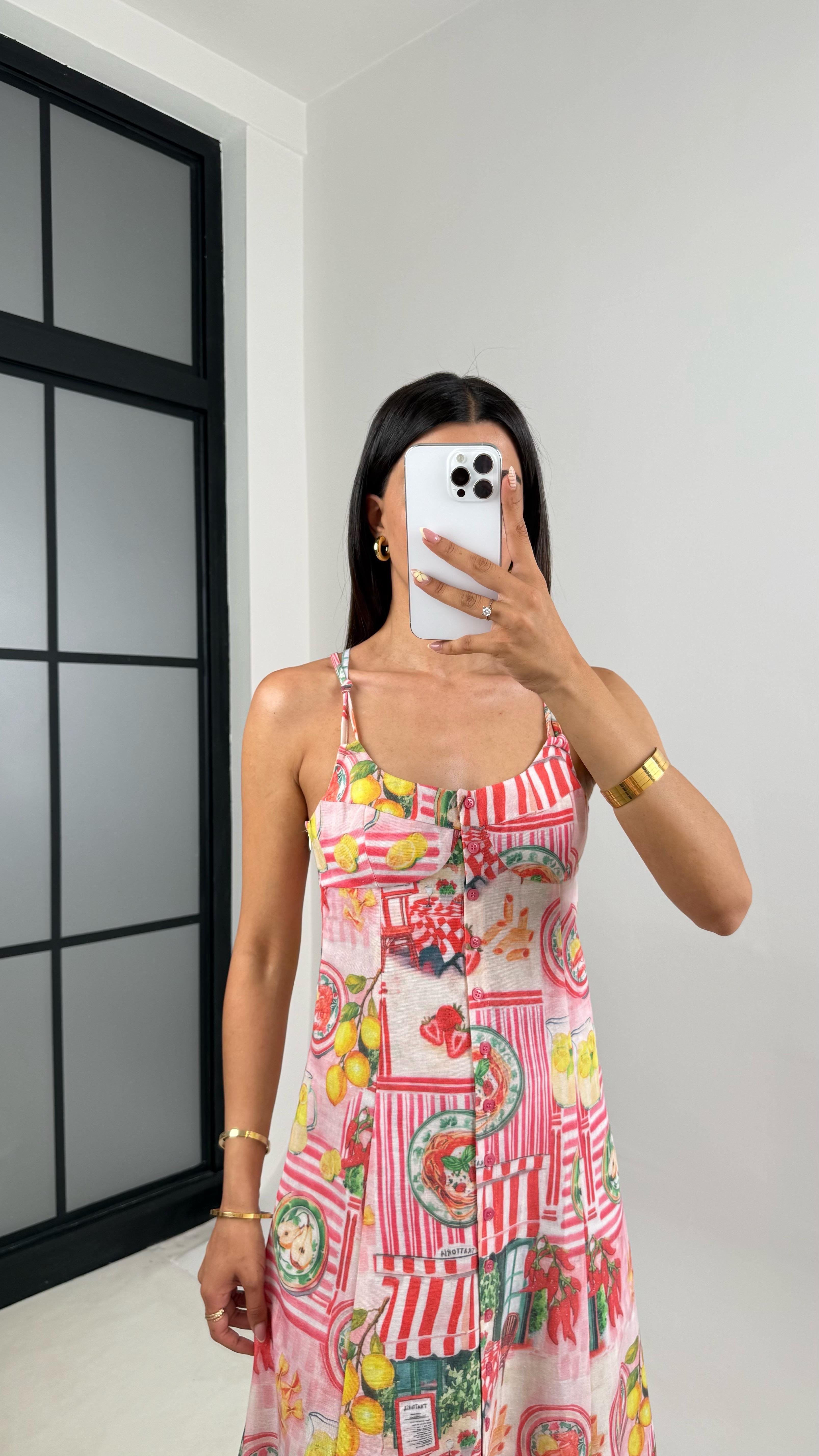 Pembe Desenli Önü Düğmeli Sırt Dekolteli Pinterest Keten Elbise Gaus00673GausELBİSEGU1002551